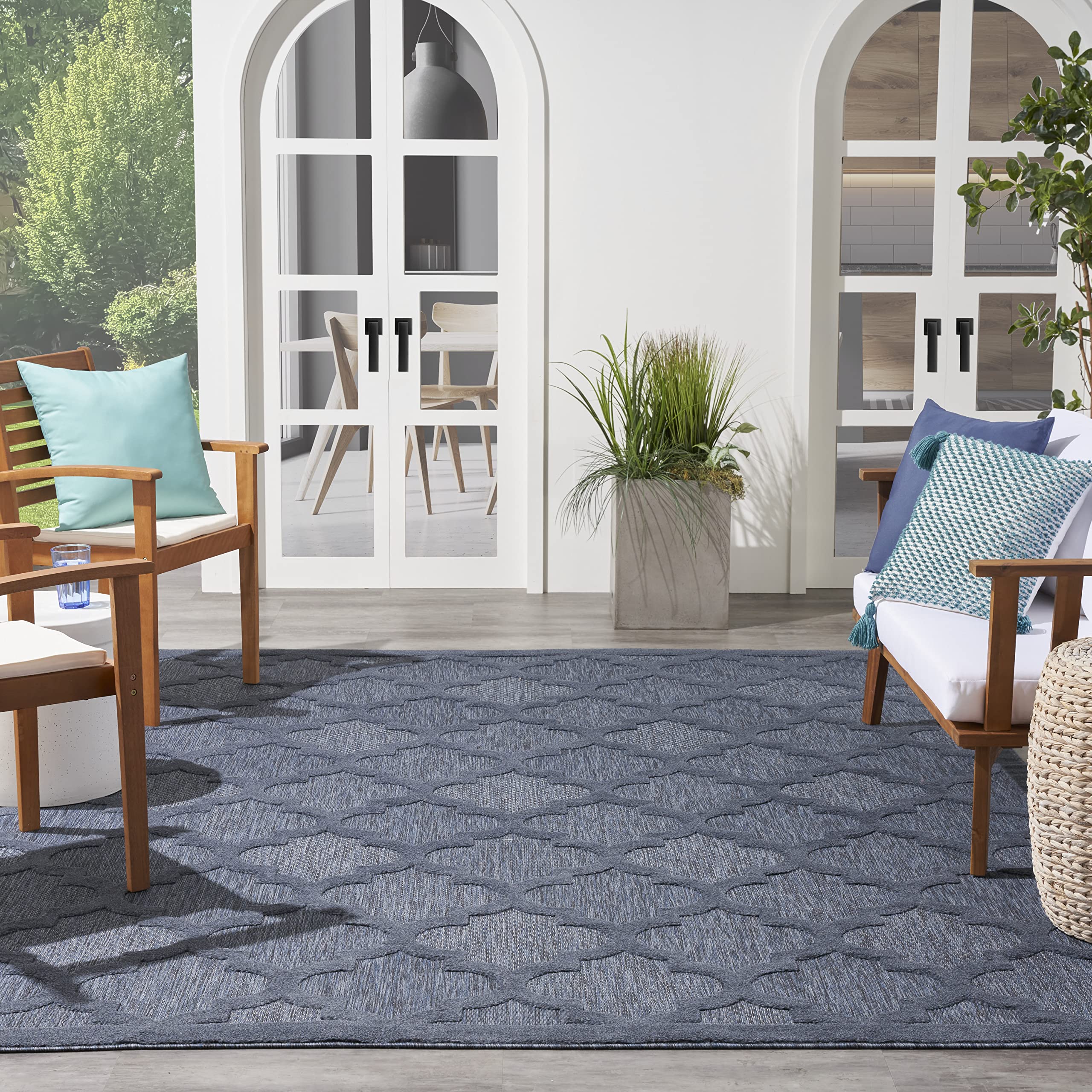 Nourison Easy Care Moroccan Navy Blue 8' x 10' Area Rug - Trellis Pattern, Non-Shedding & Easy Cleaning - Perfect for Bedroom, Living Room, Dining Room, Backyard, Deck & Patio (8x10) - Adds Style to Indoor & Outdoor Spaces