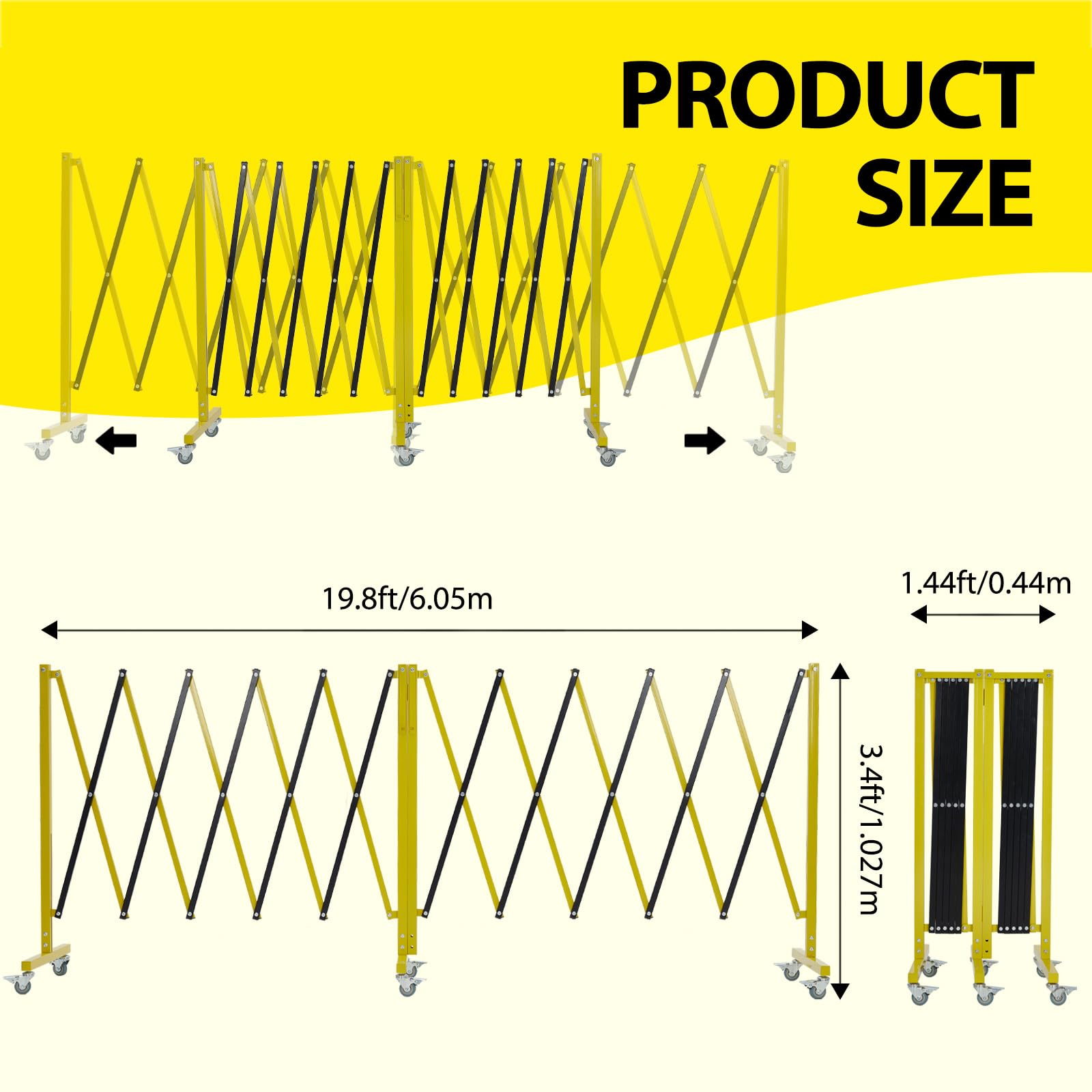 Garvee 19.8 FT Industrial Expandable Metal Barricade - Rotatable & Portable Safety Barrier with Warning Board & Casters | Retractable Traffic Fence Mobile Safety Barrier Gate (Yellow & Black) | Ideal for Construction Sites, Crowd Control & Event Safety