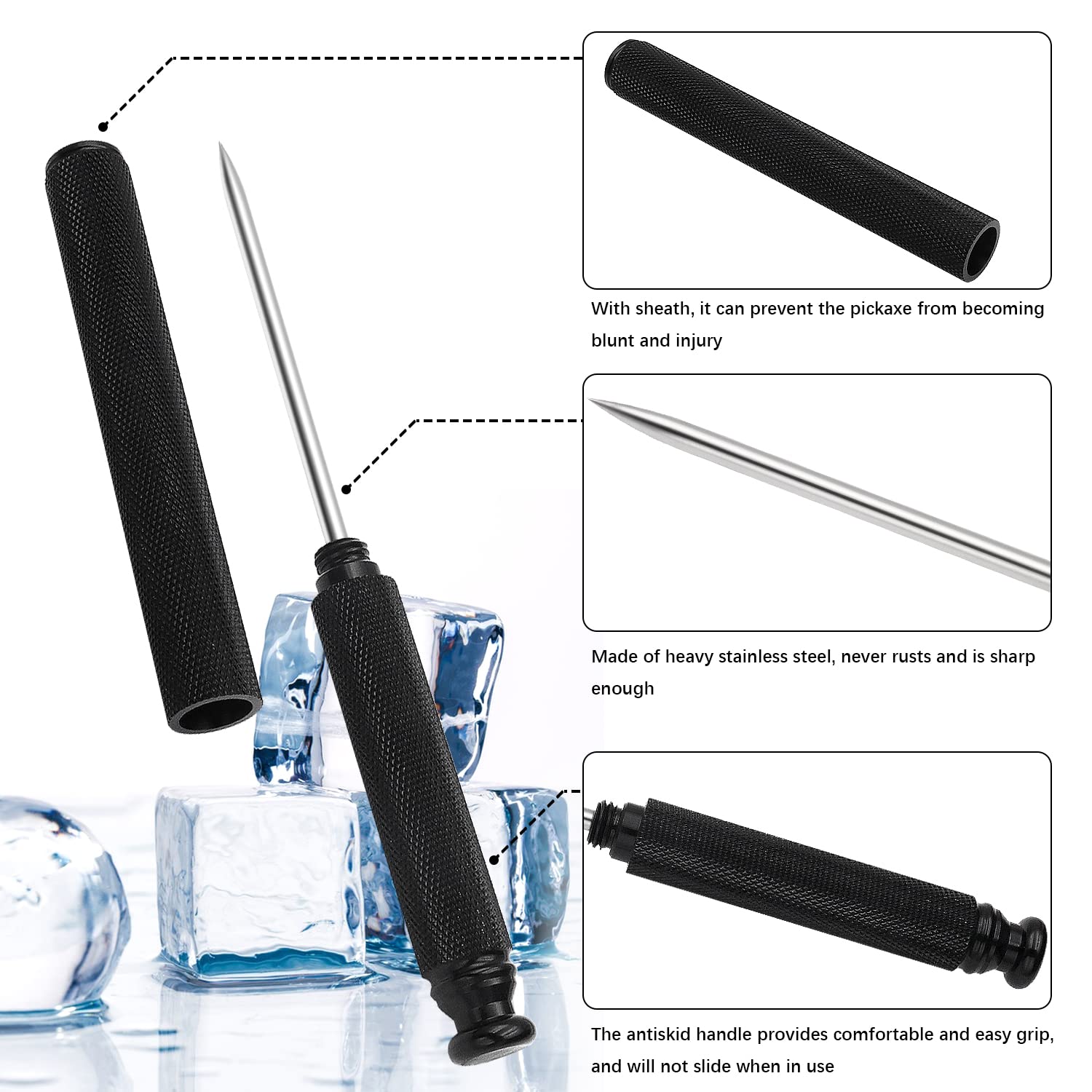 Premium Stainless Steel Ice Pick with Safety Cover - Heavy Duty Bar Tool for Crushing Ice, Chiseling Ice Cubes - Non-Slip Handle (Black) - Perfect for Cocktails, Bartending, and Home Kitchen Use