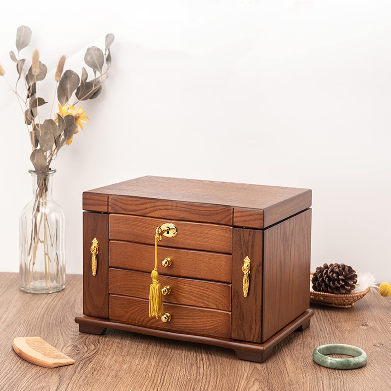 4-Layer Wooden Jewelry Box Organizer with Mirror & Lock - Jewelry Storage Case for Earrings, Rings, Necklaces & Bracelets - Perfect for Bedroom Vanity, Travel & Gift Giving