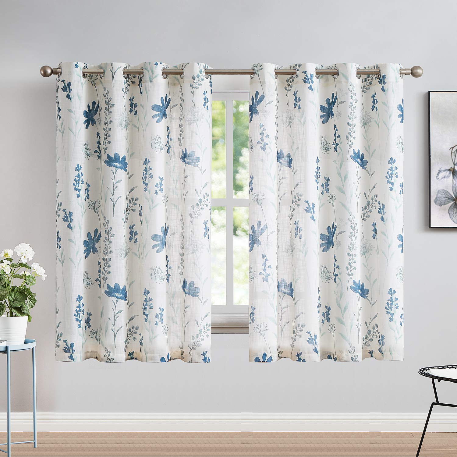 July Joy Printed Sheer Linen Curtains - Floral Leaf Design Farmhouse Style Window Drapes with Grommet Top, 52 x 54 Inch, Navy Blue - Perfect for Living Room, Bedroom & Dining Room Decor