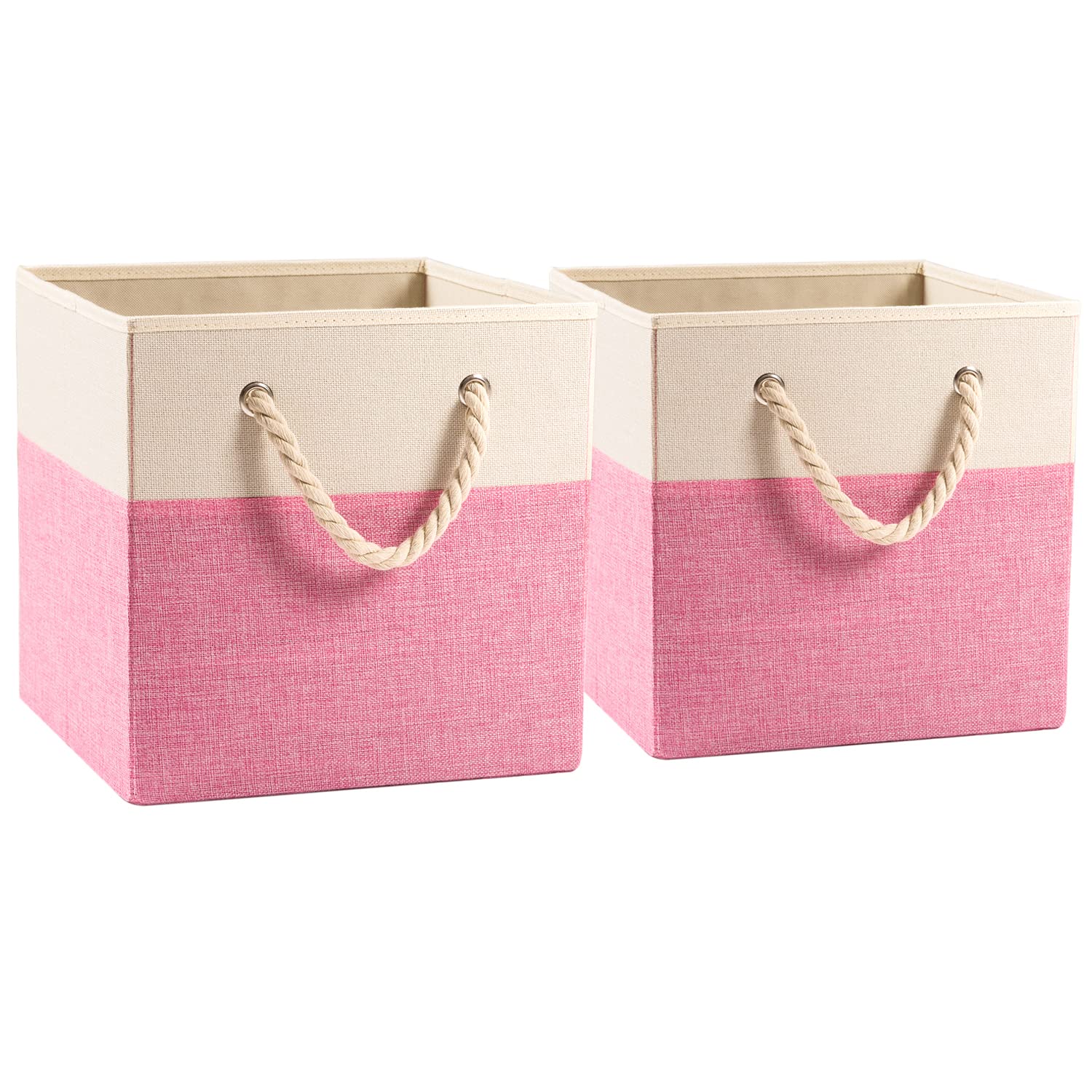 PRANDOM 13x13 Inch Large Foldable Cube Storage Bins [2-Pack] - Fabric Linen Storage Baskets with Cotton Handles for Shelves, Toy Organizer, Nursery, Closet & Bedroom Organization - Perfect for Kids' Rooms, Playrooms & Home Decor (Pink)