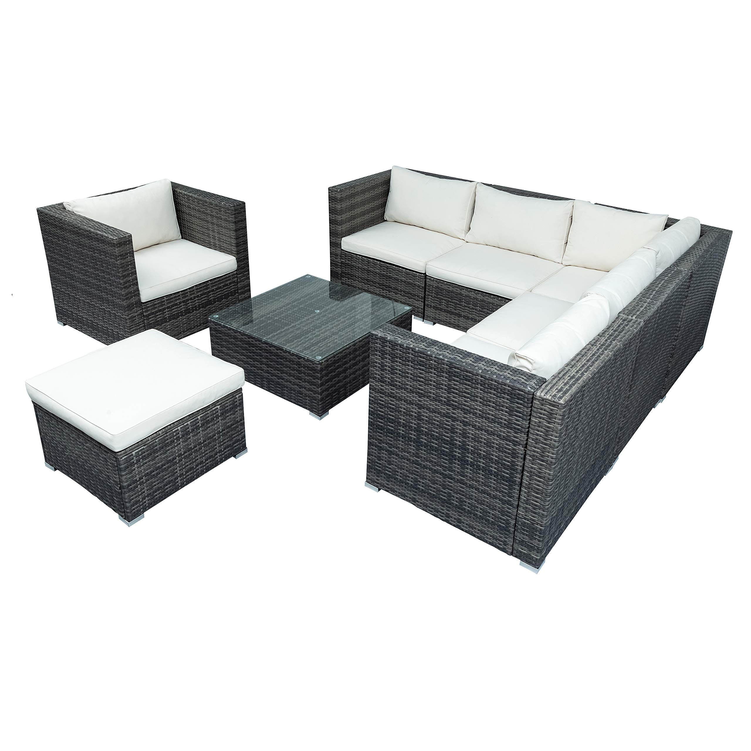**Merax 8-Piece Patio Furniture Set - All-Weather Outdoor PE Rattan Sectional Sofa with Cushions, Ottoman & Coffee Table - Grey & Beige - Perfect for Backyard, Garden, Poolside & Balcony Relaxation**