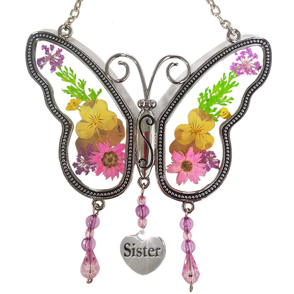 KOLIN Sister Butterfly Suncatcher with Pressed Flower Wings - Handmade Glass Window Decor for Sisters, Best Friends & Loved Ones | Perfect for Home, Bedroom, Nursery & Gift Giving