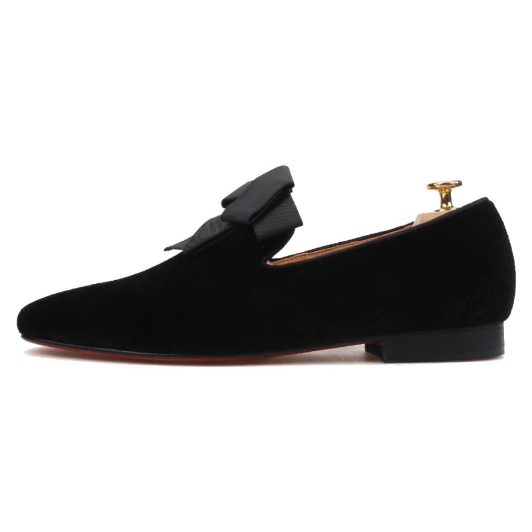 FERUCCI Handmade Men's Black Velvet Loafers with Ribbon Bow - Comfortable House Slippers for Indoor Lounging, Gift Giving & Special Occasions