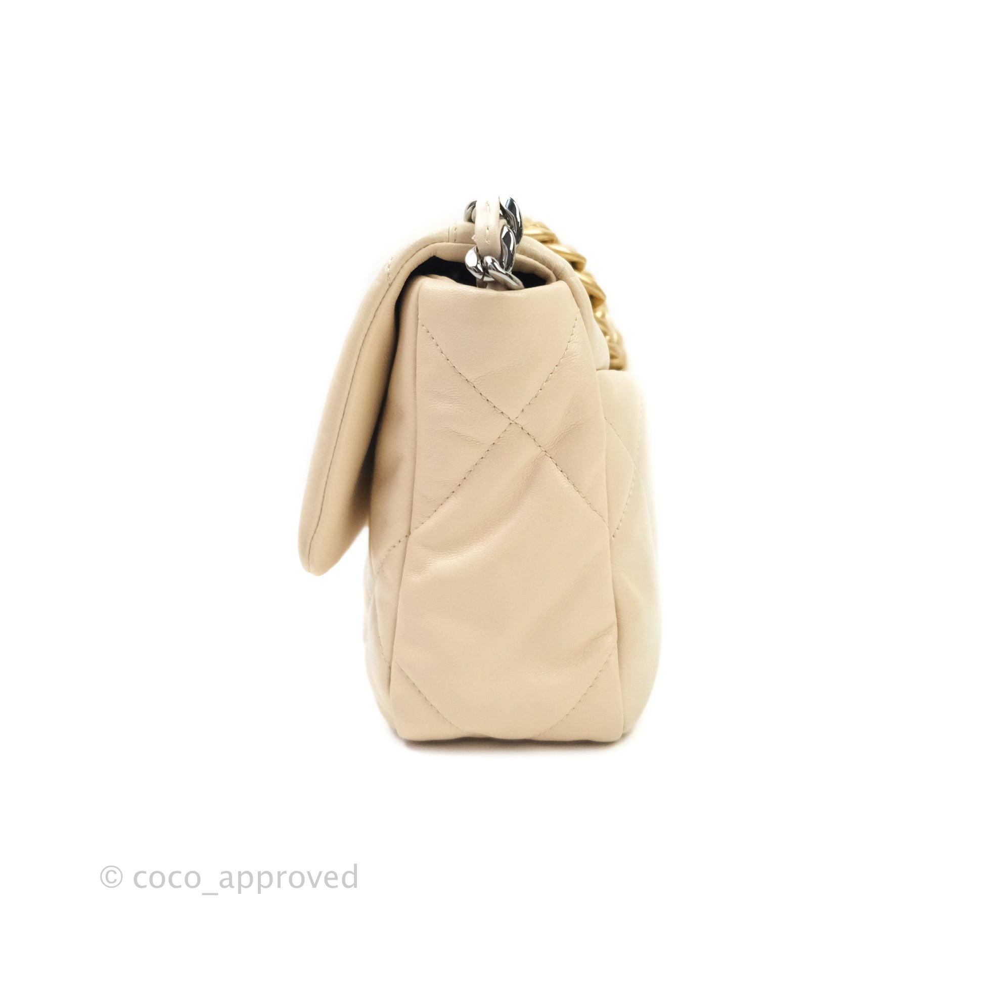 Chanel 19 Small Beige Goatskin Leather Bag with Mixed Gold & Silver Hardware - Luxury Crossbody Purse for Women, Perfect for Date Night & Special Occasions