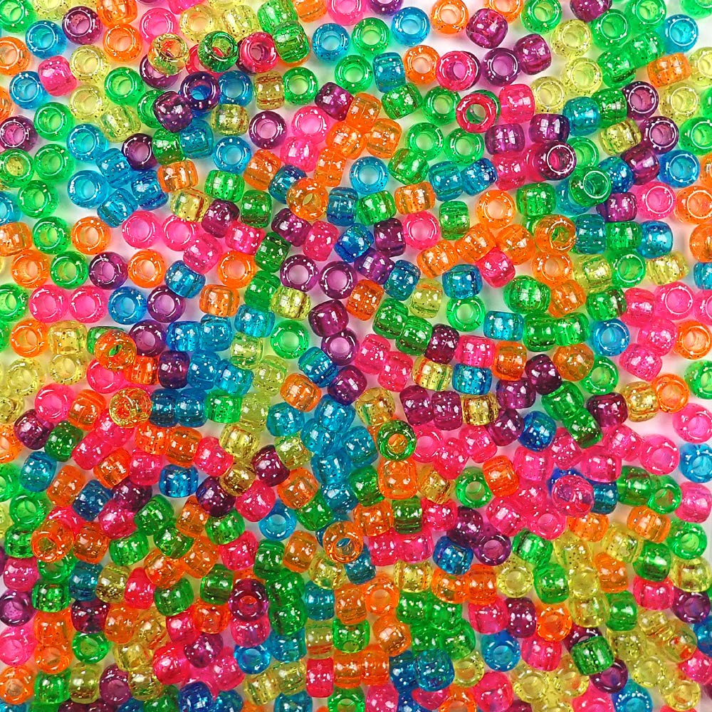Bright Glitter Mix Plastic Pony Beads Bulk 6x9mm - 1000 Multicolor Craft Beads Made in USA for Jewelry Making, Bracelets, Keychains & DIY Arts & Crafts Projects