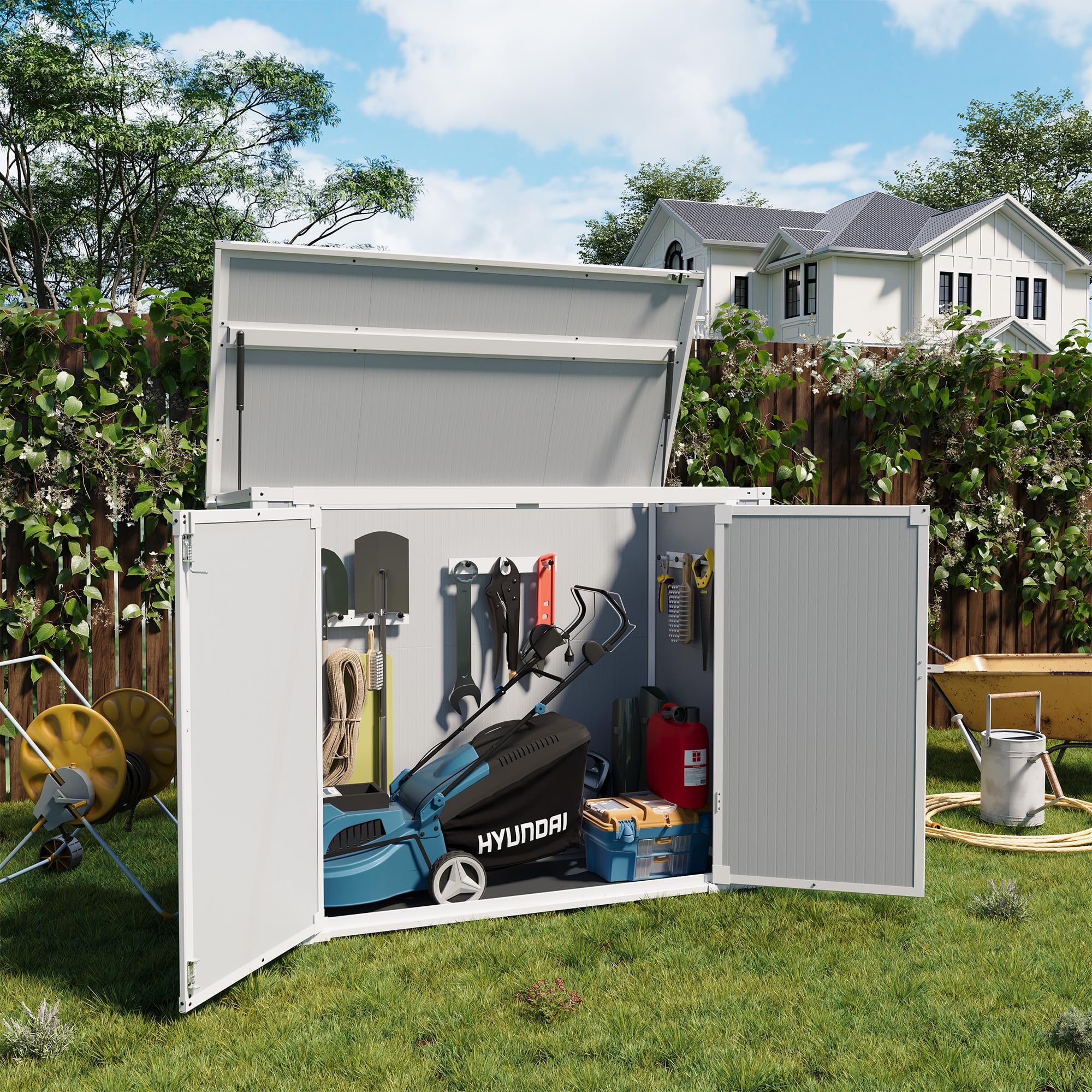 Outdoor Horizontal Storage Shed 41 Cu.Ft - Weatherproof Resin Trash Can Storage Shed with Reinforced Floor, Gas Spring Lift, Lockable Doors - Perfect for Garden Tools, Patio, Poolside, Deck & Lawn Organization