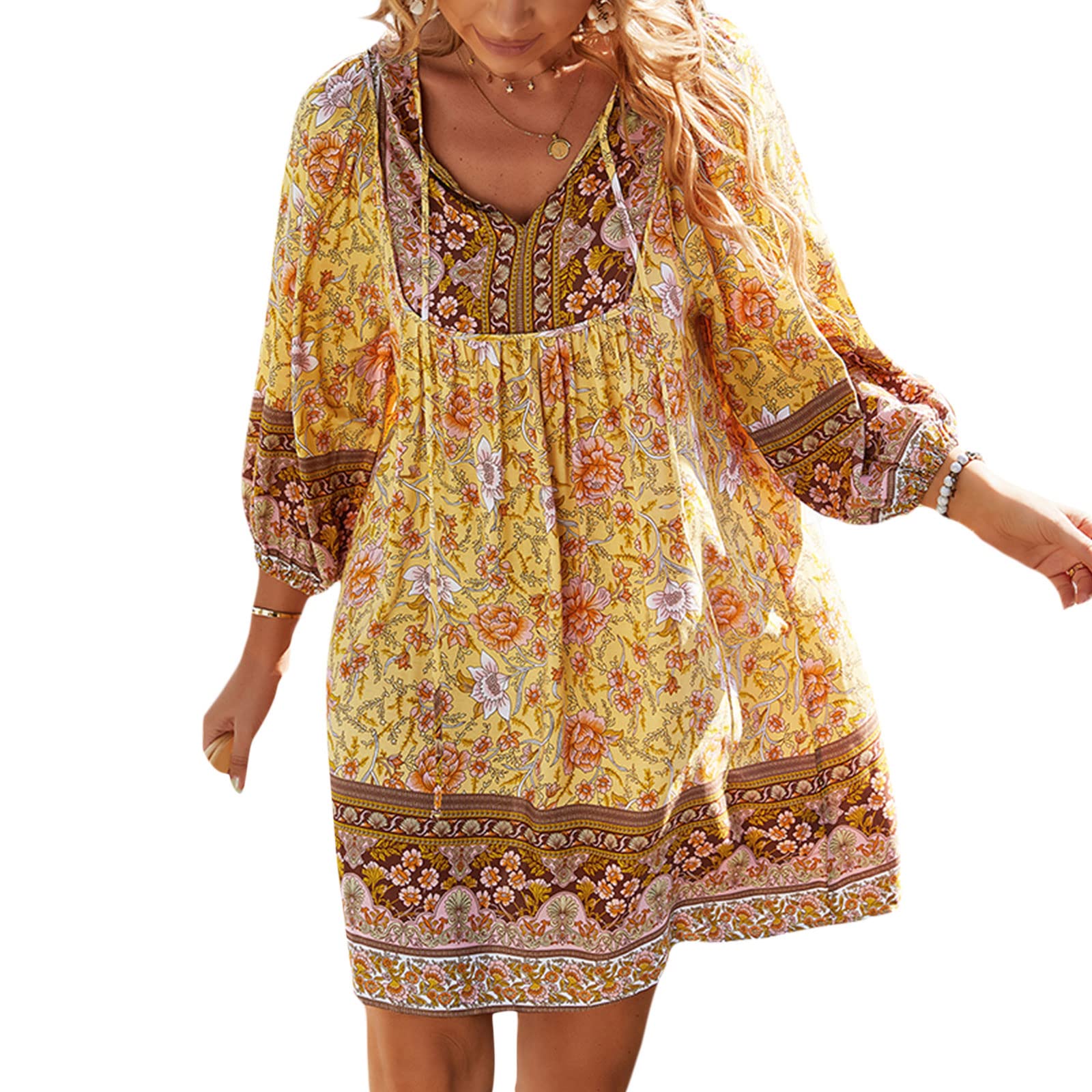 Women's Summer Beach Dress - Long Sleeve V-Neck Boho Floral Maxi Dress for Vacation, Poolside, and Outdoor Parties