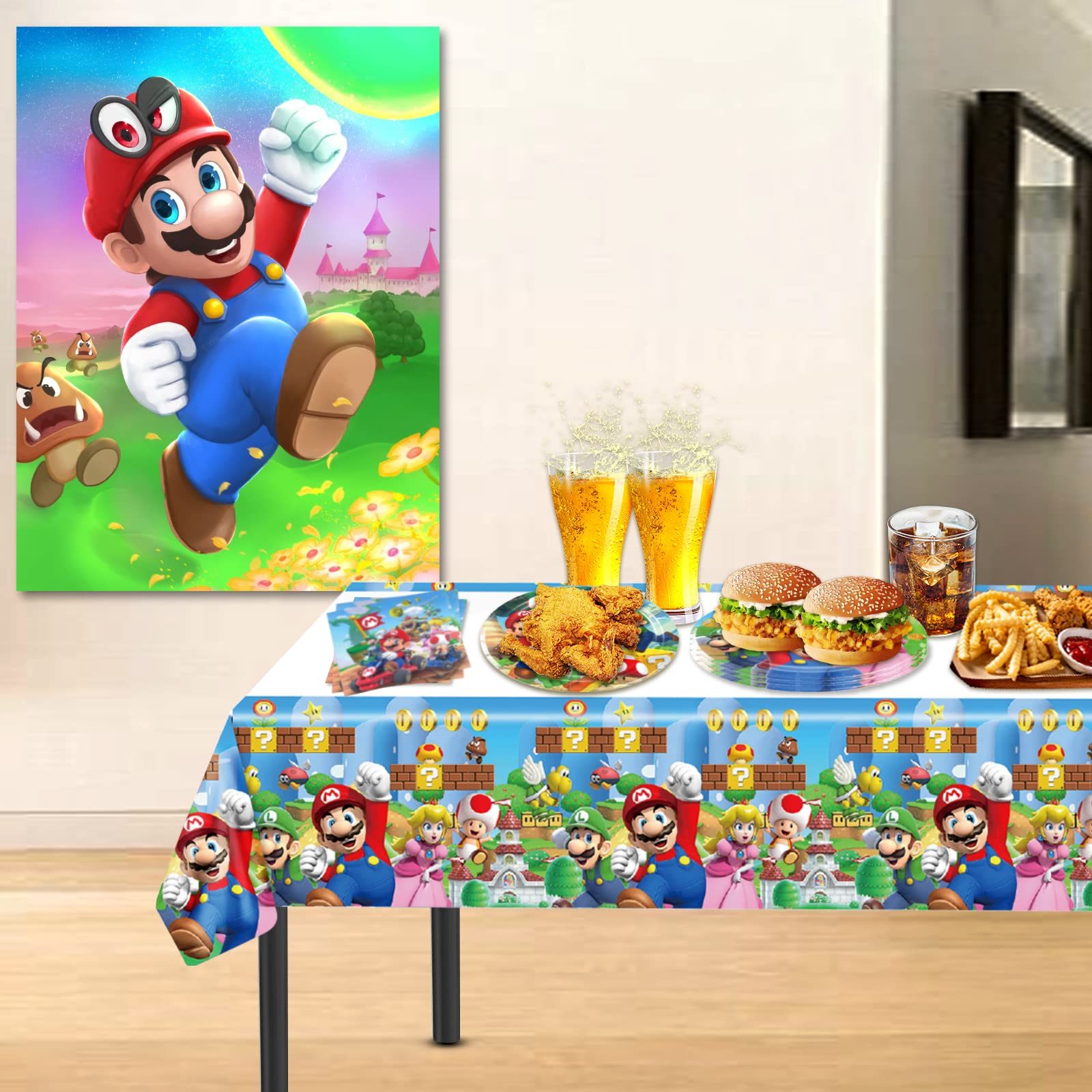 Super Mario Birthday Party Supplies Set - 20 Plates, 20 Napkins & 1 Table Cover for Mario Themed Decorations - Perfect for Kids Birthday Parties, Game Nights & Themed Events