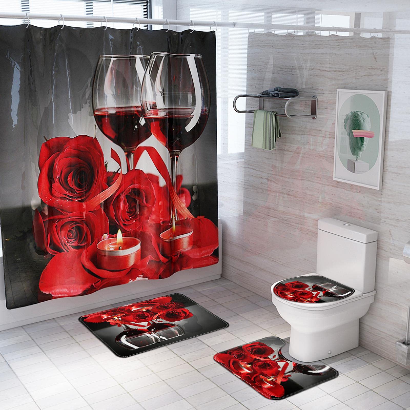 WOSHENG Red Wine Rose Floral Print Shower Curtain Set - Romantic Valentine's Day Bathroom Decor with Matching Toilet Cover & Bath Mat - Elegant Home Decor for Master Bathroom, Guest Bath & Apartment Decorating