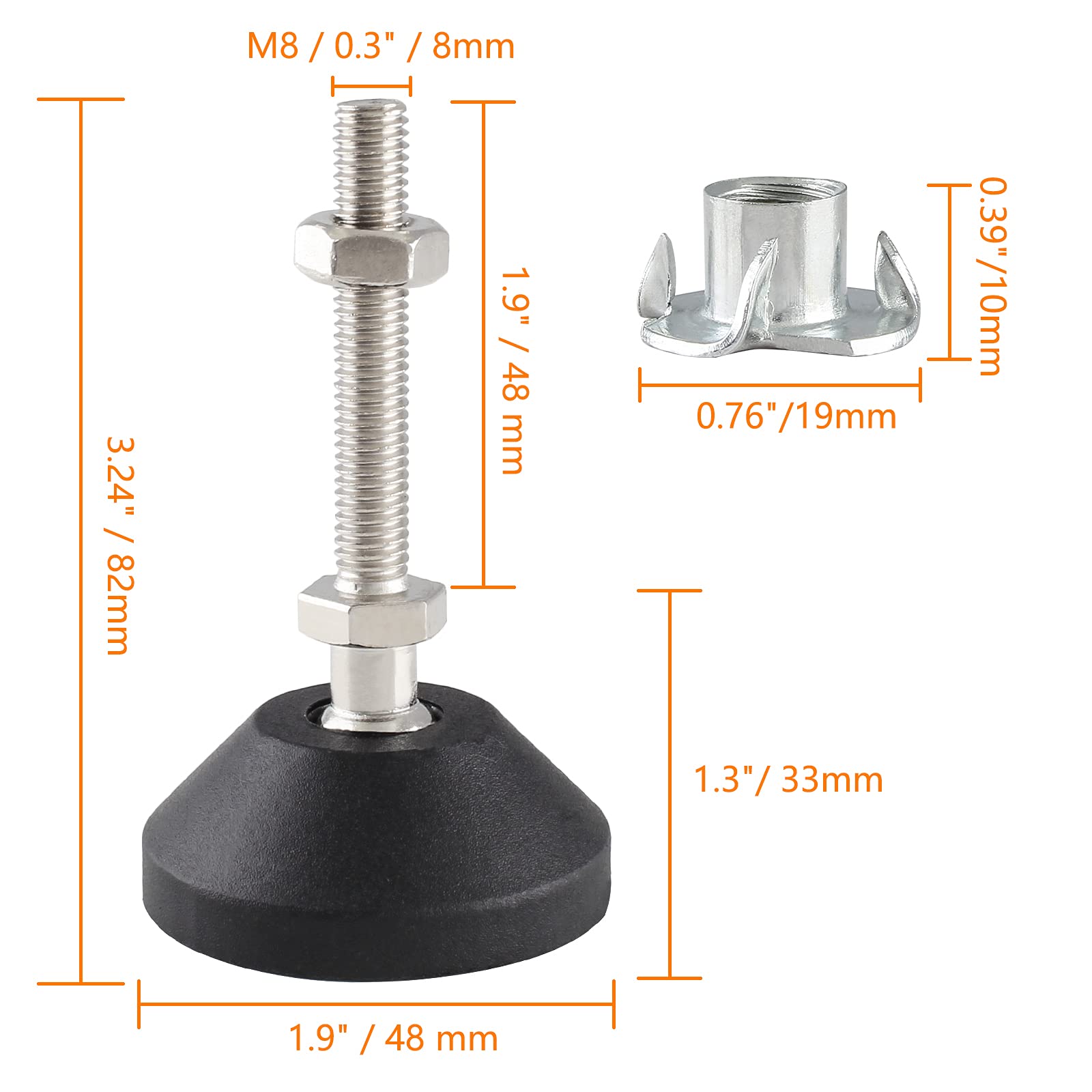 4 Pcs Adjustable Leveling Feet - Swivel Furniture Levelers with M8 Thread (1.9