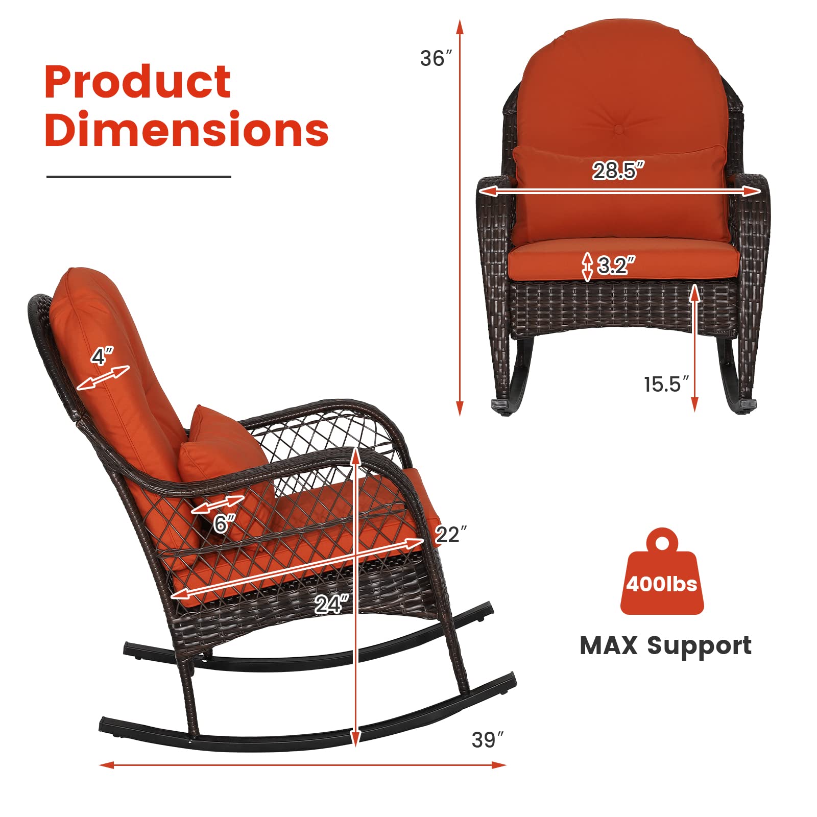 **MEDIMALL Outdoor Wicker Rocking Chair with Lumbar Pillow & Cushions – Patio Rattan Rocker with Padded Seat, Durable Metal Frame, Mix Brown Wicker Furniture for Balcony, Porch, Deck, Backyard (Red) – Perfect for Relaxing, Reading, or Sunbathing**