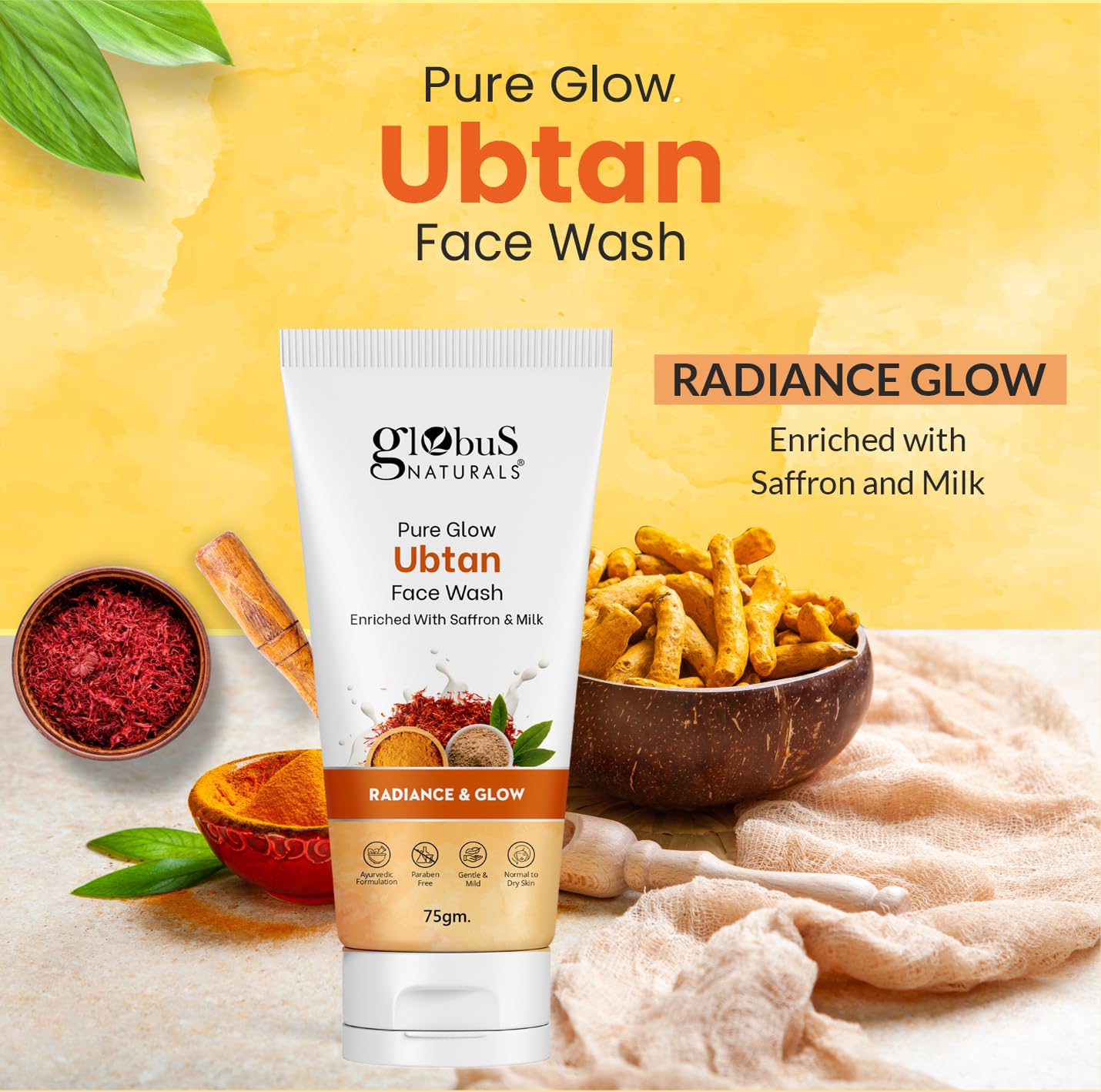 Globus Naturals Pure Glow Ubtan Face Wash with Saffron & Milk - Natural Gentle Cleanser for Radiant Skin | All Skin Types | 75g | Perfect for Daily Skincare Routine & Brightening Dull Complexion