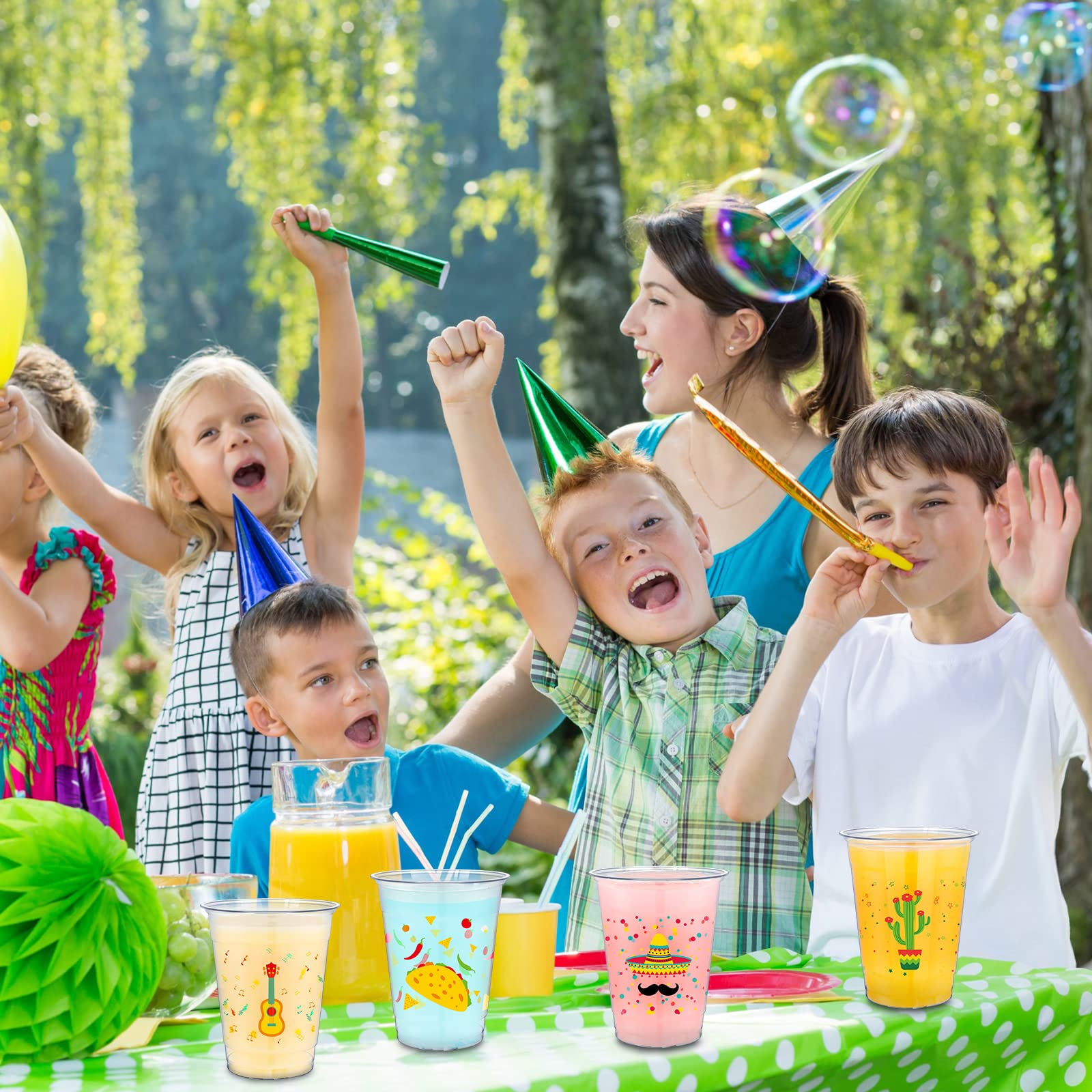 Meekoo 100-Pack 12 oz Clear Plastic Fiesta Cups - Disposable Mexican Party Cups for Cinco de Mayo, Taco Night & Birthday Celebrations - Bulk Drinkware Supplies in 4 Fun Styles - Perfect for Margaritas, Cocktails & Party Decorations