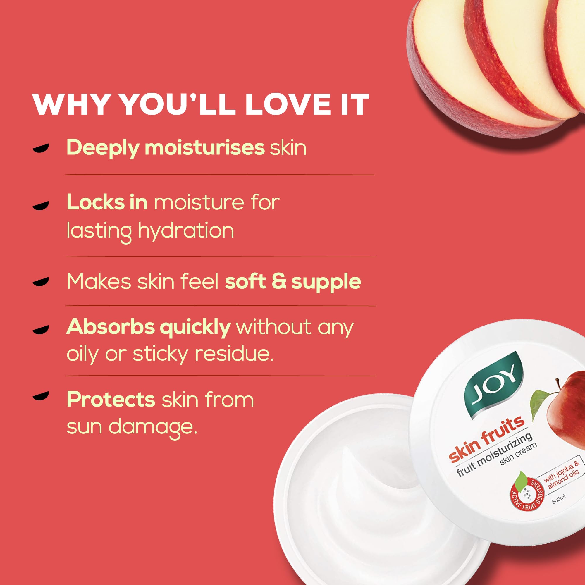 Joy Skin Fruits Moisturizing Cream with Apple, Jojoba & Almond Oil (500ml) - Quick Absorbing, Non-Sticky Cold Cream for Face, Hands & Body - Hydrates & Nourishes for Healthy, Soft & Glowing Skin - Perfect for Daily Skincare Routine, Dry Skin Relief & Nighttime Moisturizing