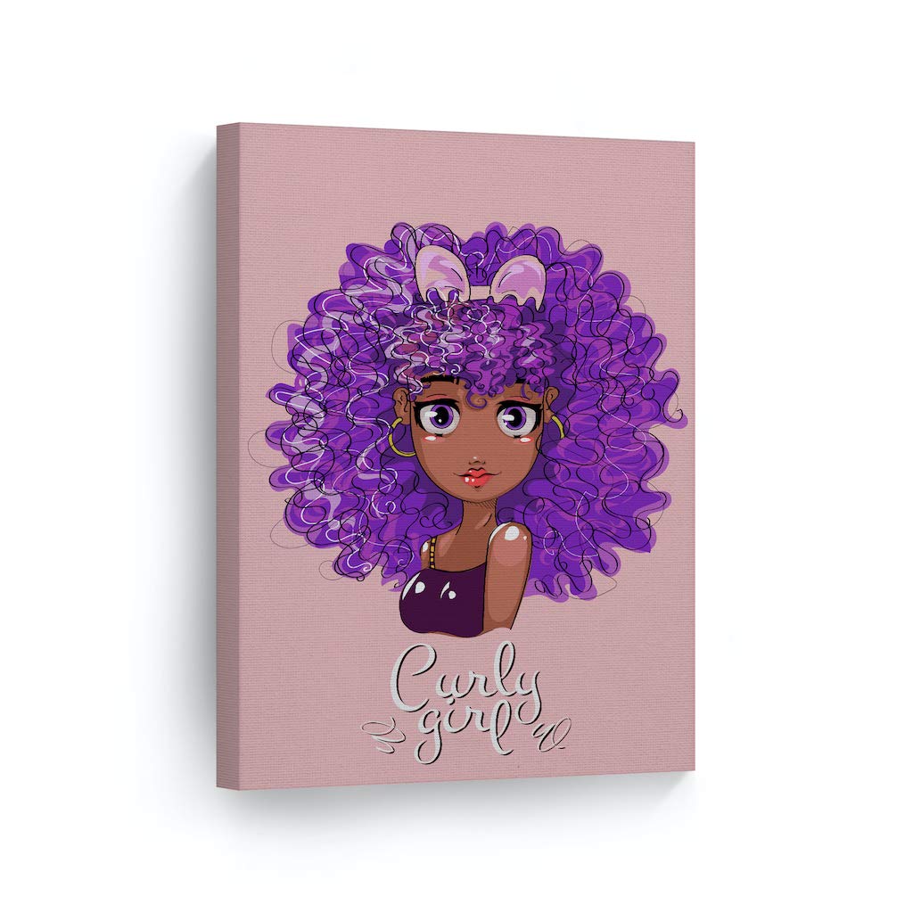 SmileArtDesign Curly Girl African American Kid Canvas Print - Purple Haired Afro Wall Art for Nursery, Kids Room & Home Decor (36x24 Inch, Pink Background, Ready to Hang) - Perfect for Black Girl Empowerment & Children's Bedroom Decor