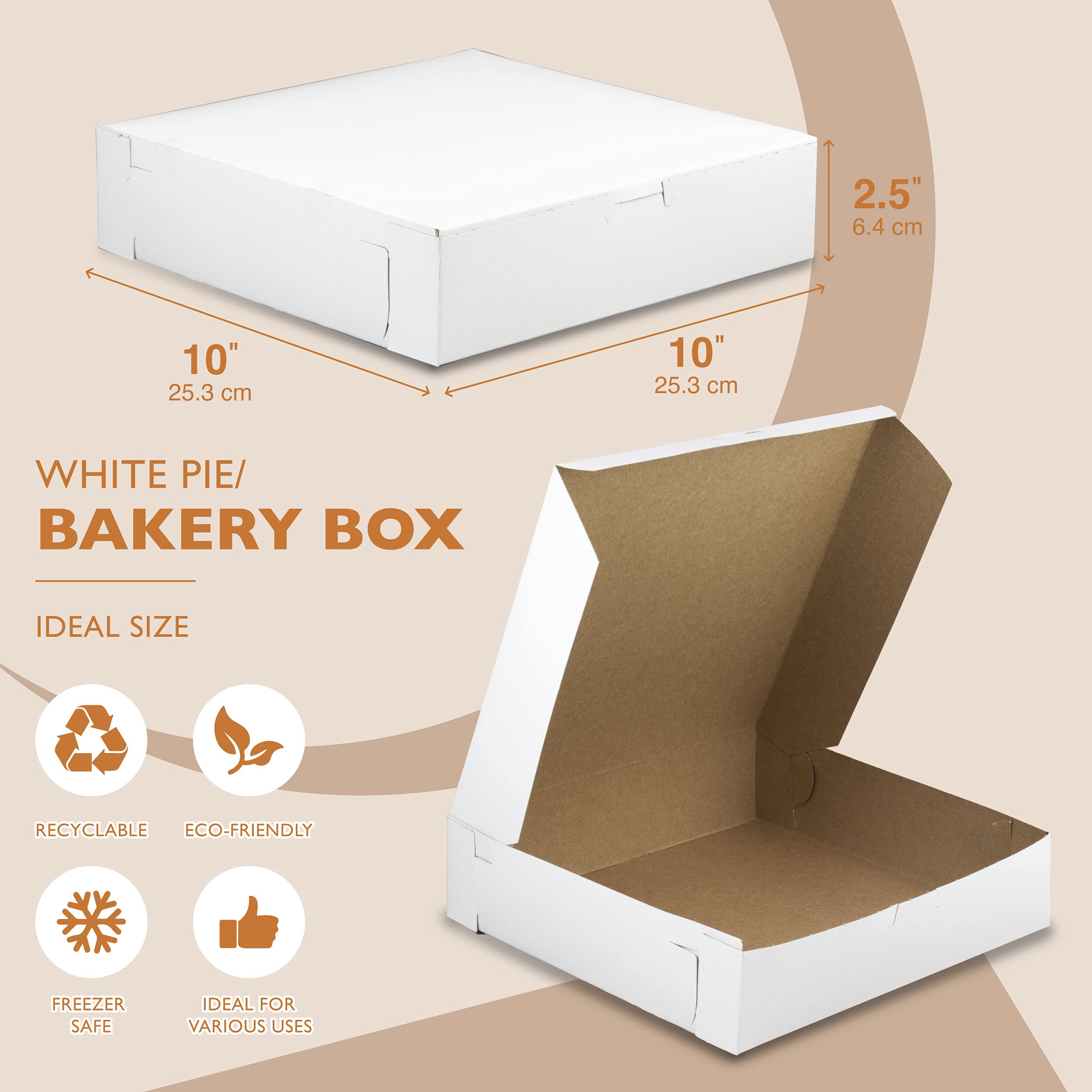 250 Pack White Bakery Boxes 10x10x2.5 Inch - Square Pie Boxes for Cookies, Cheesecake, Chocolate Strawberries & Desserts | Bulk Cardboard Food Containers | Perfect for Bakeries, Catering & Party Treats