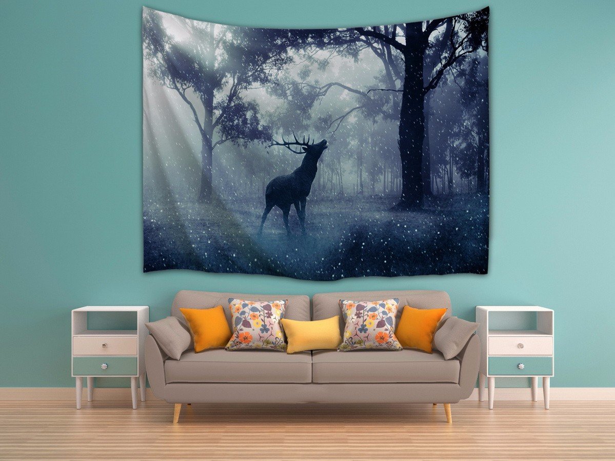 Psychedelic Nature Scenery Print Fabric - Elk Deer in Enchanted Forest at Dusk Tapestry | Bohemian Wall Hanging, Room Divider Curtain & Dorm Bedspread | Perfect for Hippie Decor, Bedroom Aesthetics & Boho Chic Living Spaces