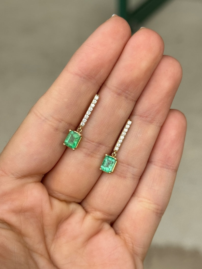 2.20tcw 14K Gold Natural Emerald & Pave Diamond Bar Dangle Earrings for Women – Elegant Luxury Jewelry Gift for Brides, Party & Special Occasions