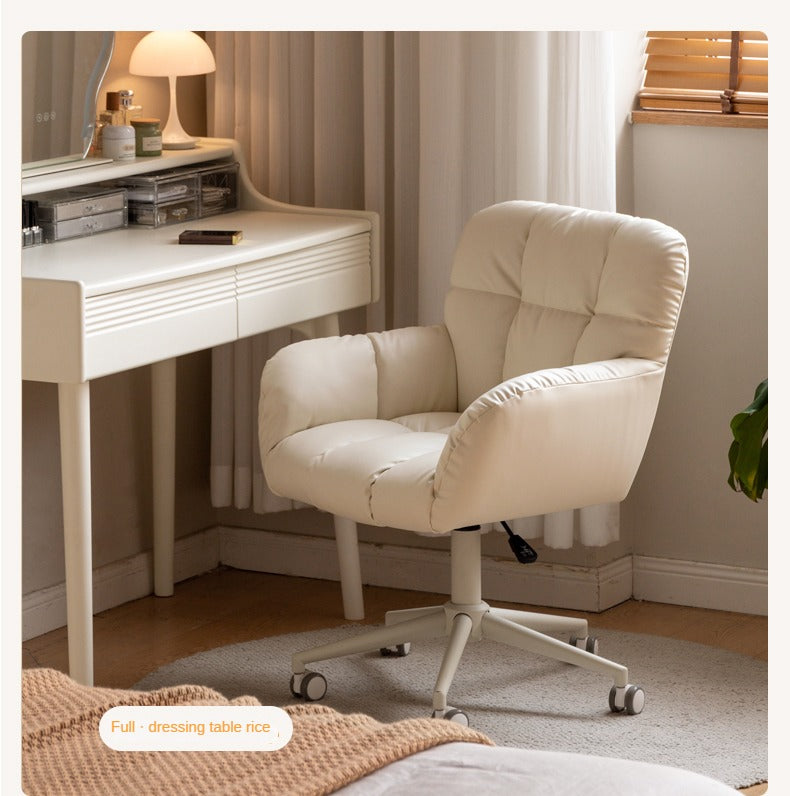 Organic Leather Dressing Stool - Adjustable Cream Makeup Vanity Chair for Salon, Bedroom & Bridal Makeup | Portable Cosmetic Stool with Wheels