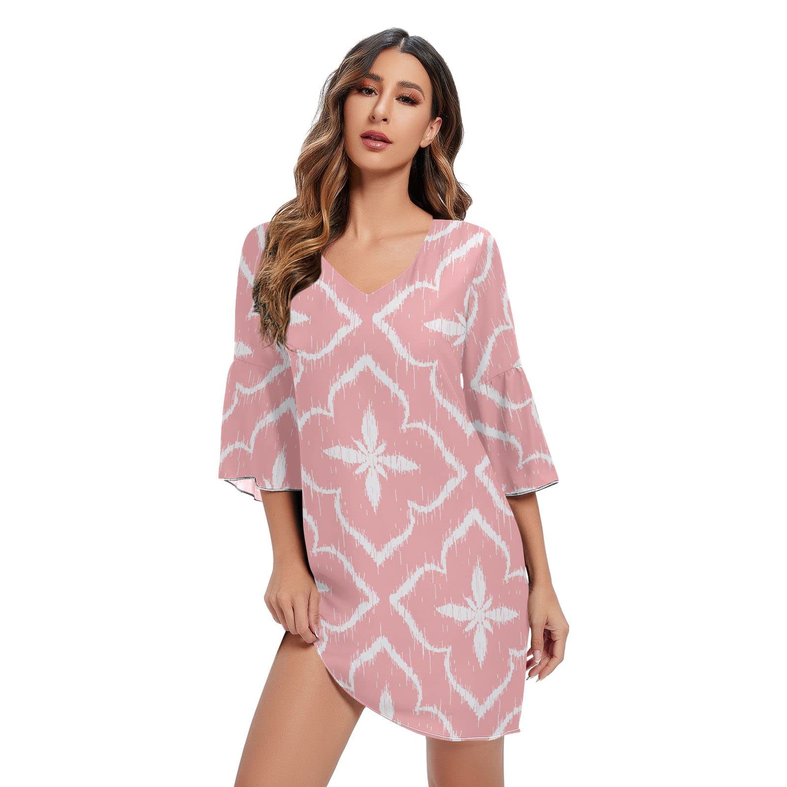 Pink Trellis Women's Short Sleeve V-Neck Ruffle Sun Dress - Flowy Chiffon Summer Dress Size S - Perfect for Beach Vacations, Garden Parties & Date Nights