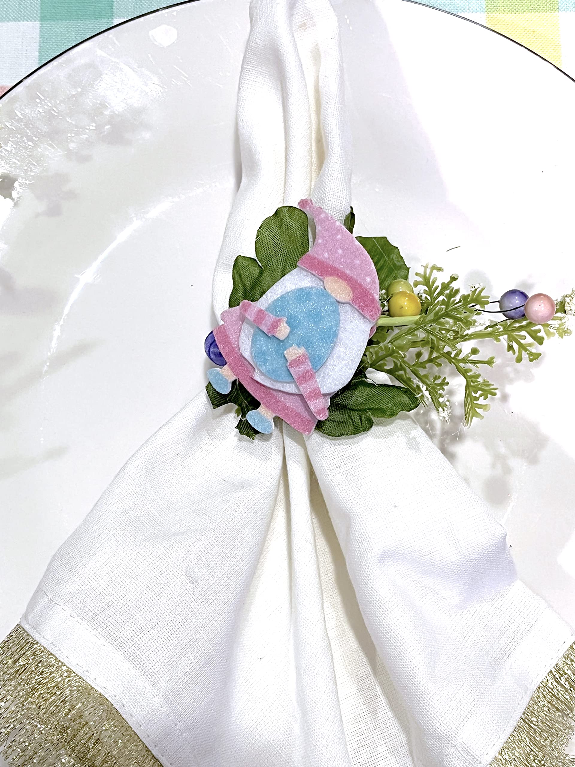 Easter Gnome Napkin Rings Set of 6 - Spring Floral Decor with Pink, Green, Blue & Yellow Bunnies - Perfect for Easter Table Settings, Spring Parties & Home Decor