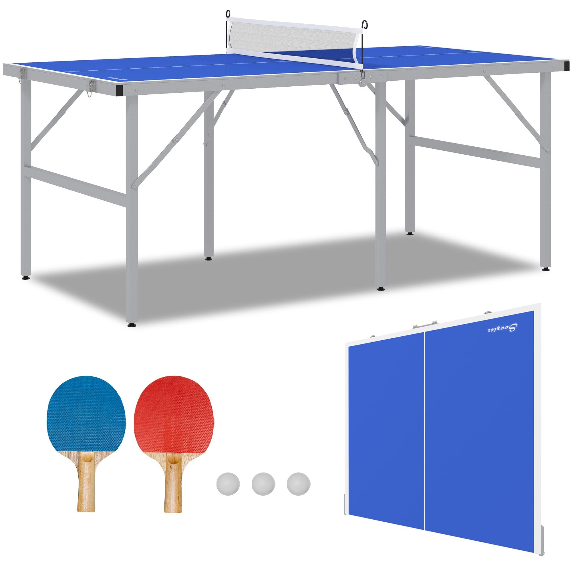 Soozier Foldable Mini Ping Pong Table Set - Indoor/Outdoor Table Tennis with Net, 2 Paddles & 3 Balls | Adjustable Feet & Easy Assembly | Perfect for Home, Office, Backyard or Game Room Fun
