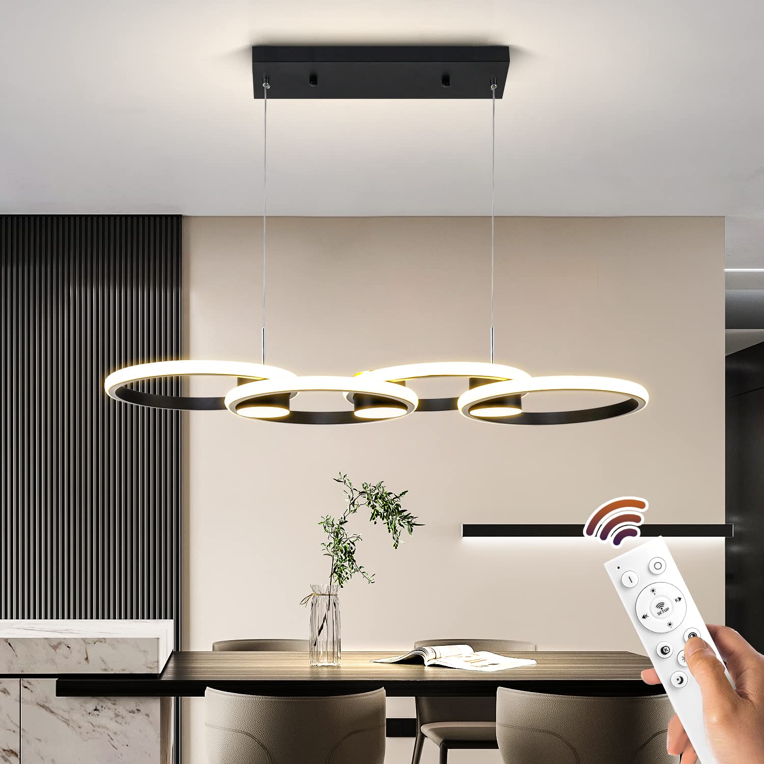 Modern 33-inch Black LED Chandelier Ceiling Light - 82W Dimmable Pendant Light with Remote Control (3000-6000K) - Perfect for Dining Room, Kitchen Island & Living Room Lighting