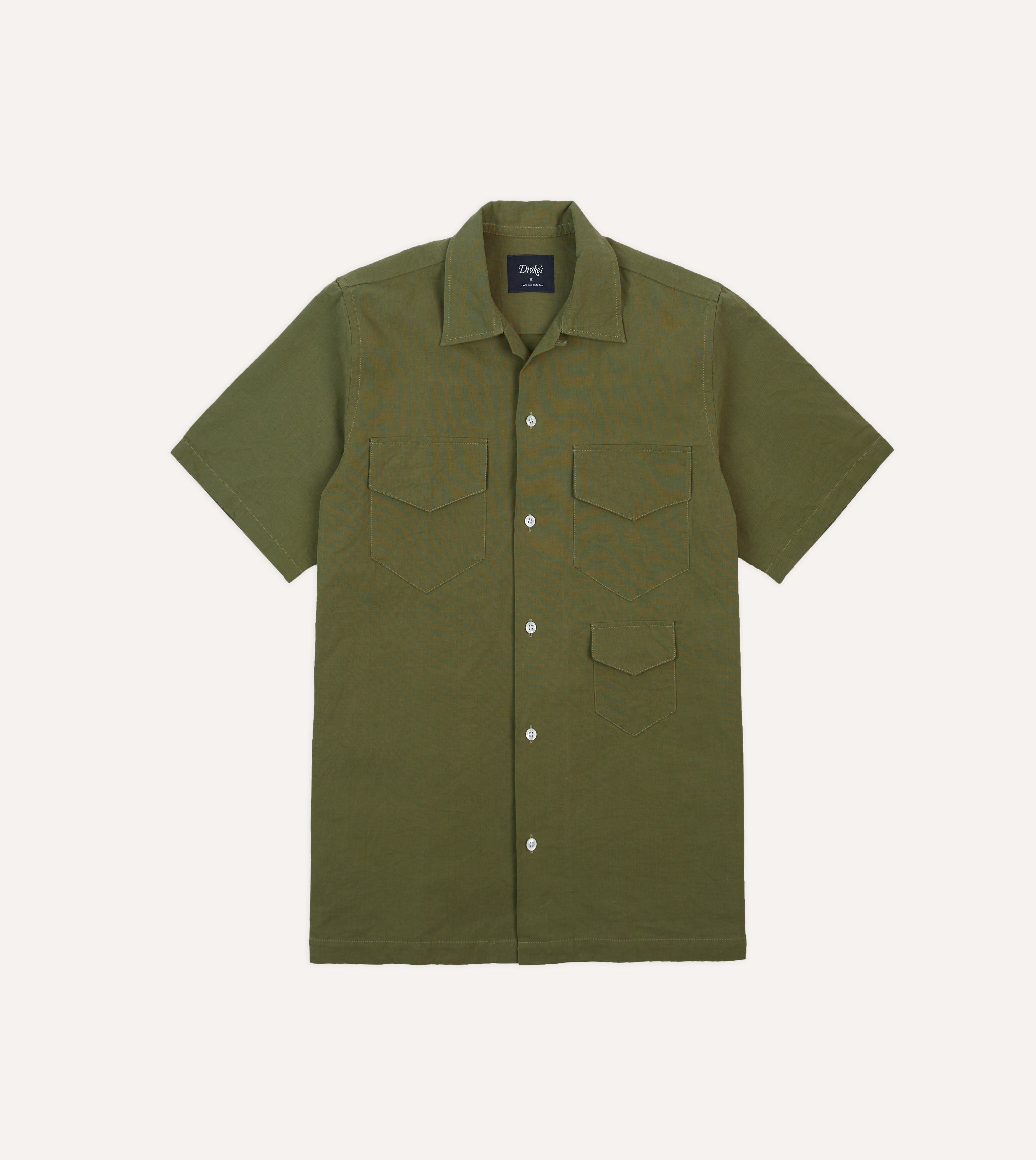 Premium Olive Cotton Linen Camp Collar Shirt for Men - Breathable Short Sleeve Button Down with Three Pockets | Casual Summer Wear, Beach Outings & Outdoor Adventures