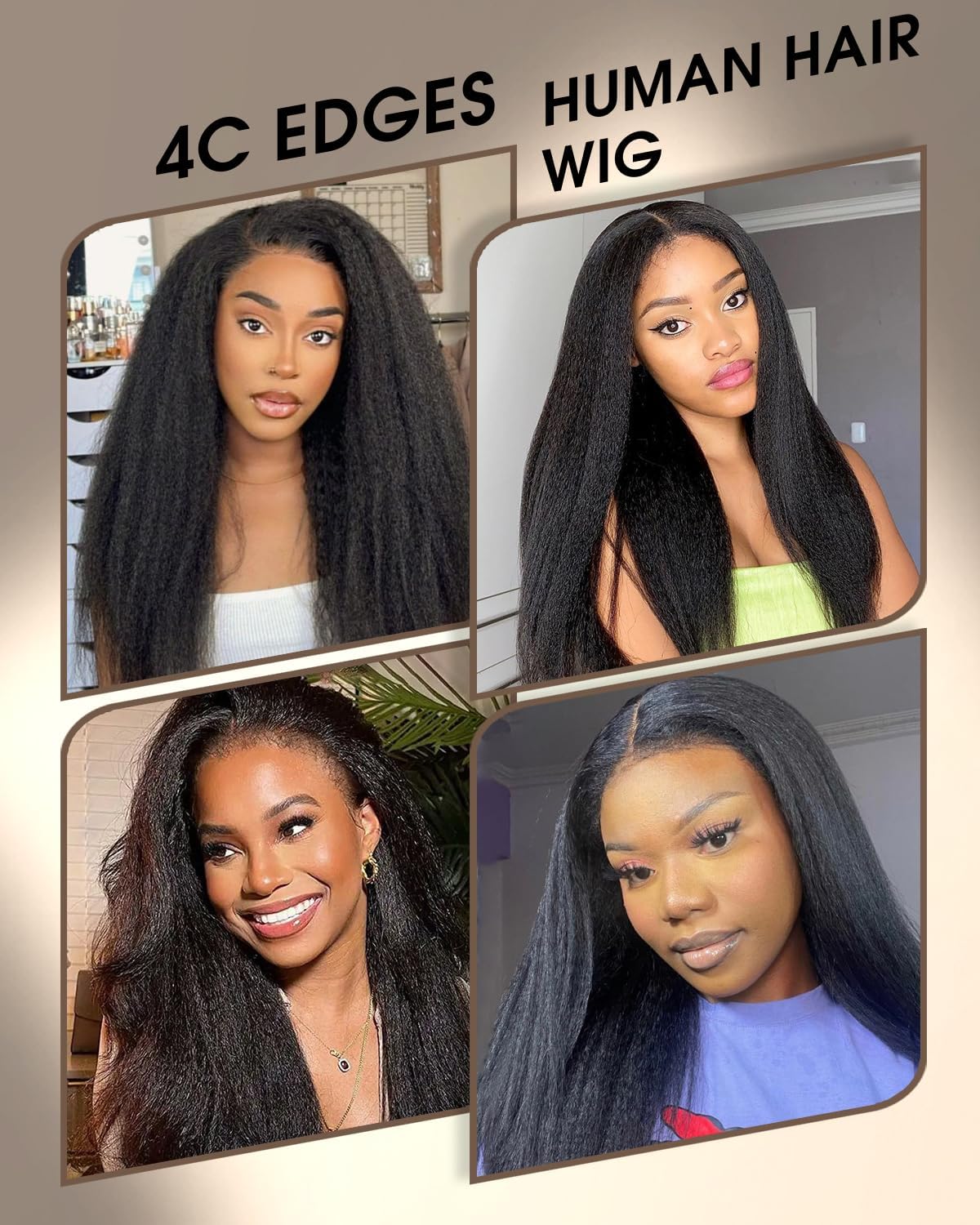 4C Edges Kinky Straight Lace Front Wigs Human Hair - 13x6 HD Transparent Lace Frontal Wig with Curly Baby Hair | Glueless, Pre-Plucked, Bleached Knots | 150% Density, 14 Inches | Perfect for Daily Wear, Cosplay & Protective Styling