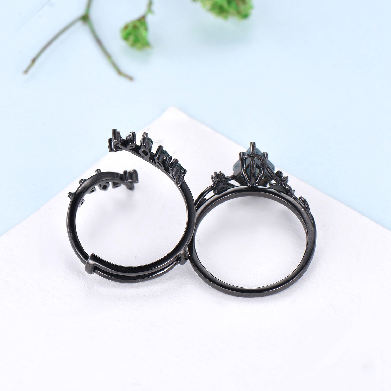 Nature Inspired Moss Agate Ring Set - Black Gold Leaf Branch Marquise Cut Green Agate Engagement & Wedding Ring Set for Brides, Nature Lovers | Perfect for Outdoor Weddings, Boho Chic Style, and Unique Gift Giving