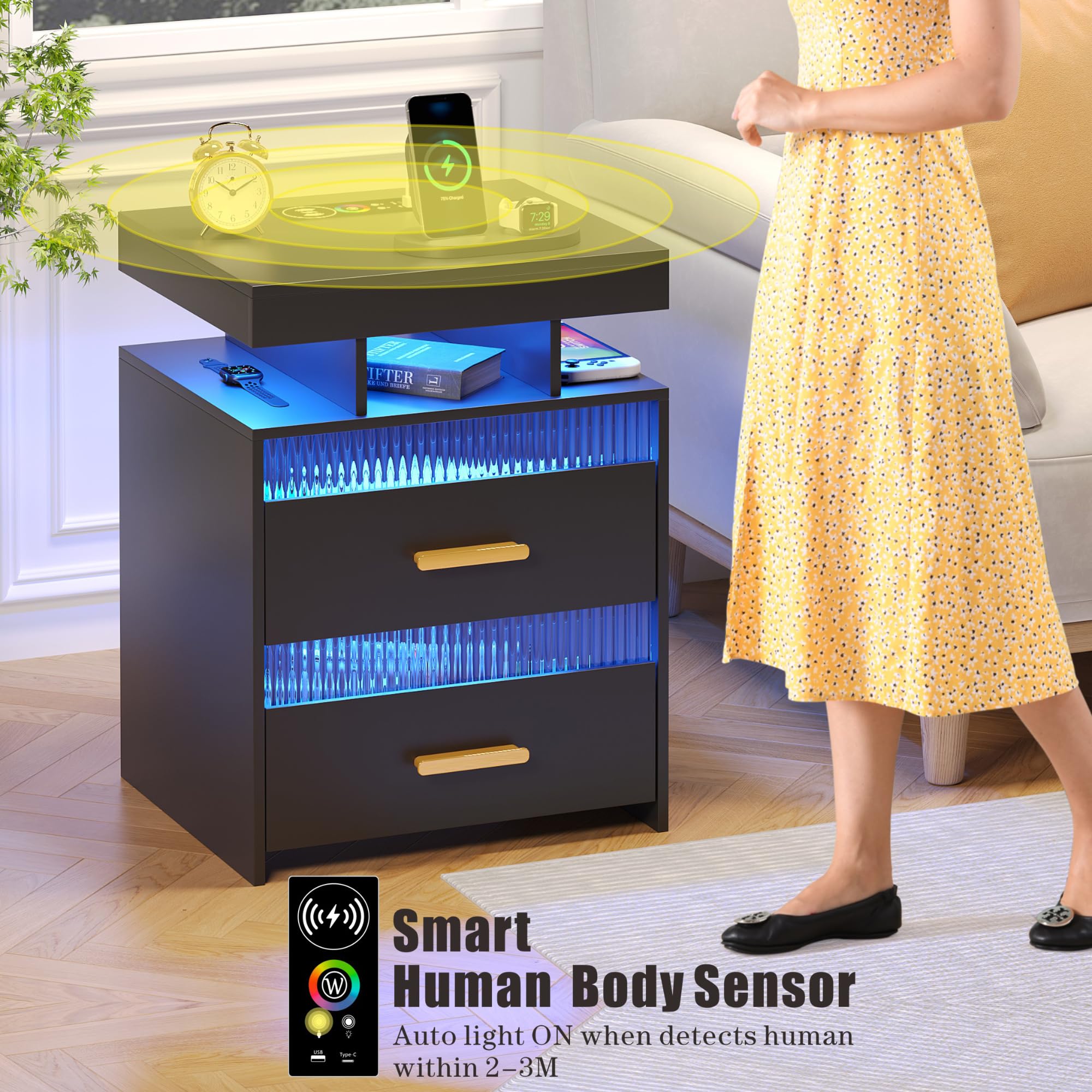 RGB LED Nightstand with USB Charging Station & Drawers - Smart Human Sensor Lights, Modern Black End Table for Bedroom, Living Room, Office - Perfect for Nighttime Reading, Device Charging & Ambient Lighting