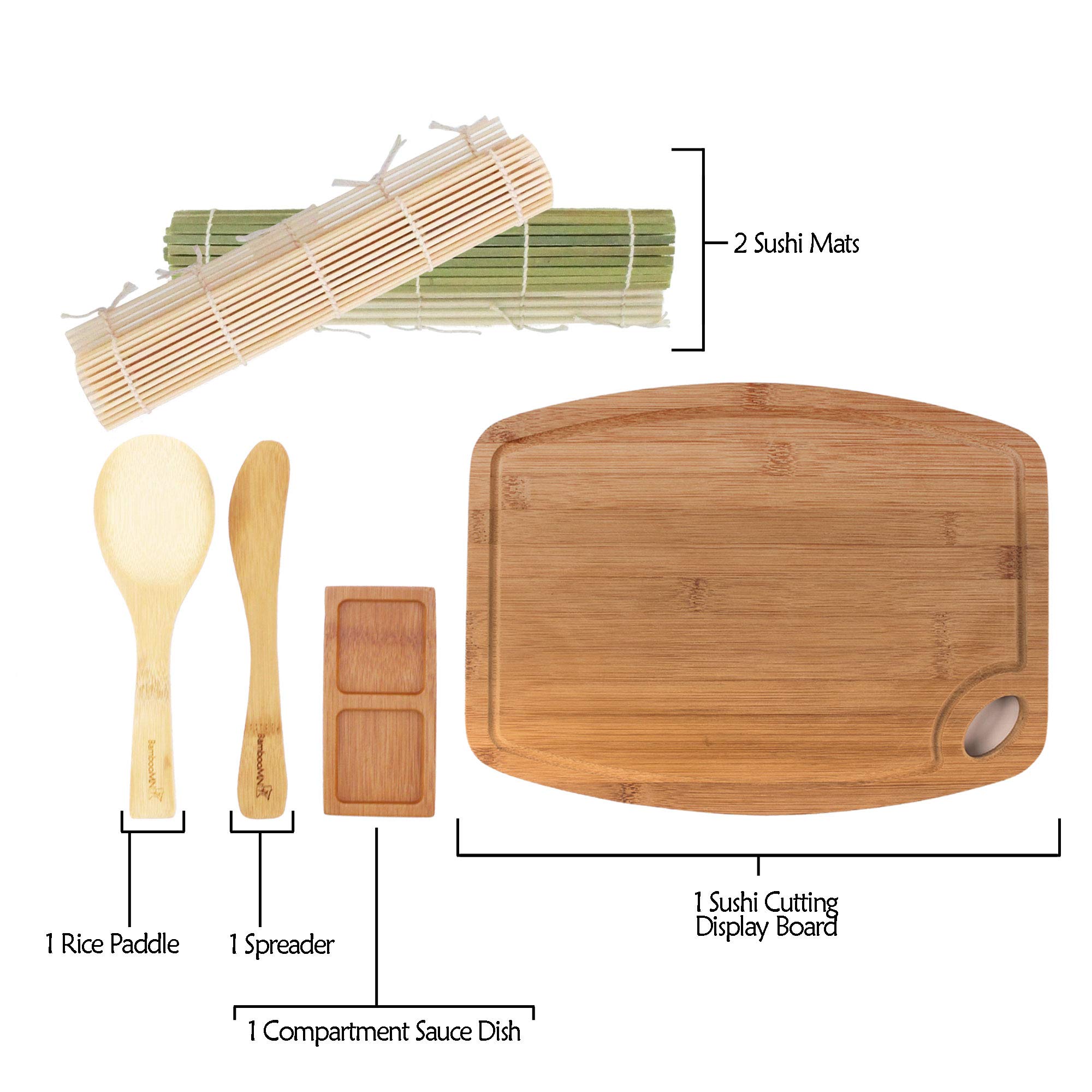 BambooMN Sushi Maker Kit - Eco-Friendly Bamboo Sushi Rolling Mats, Rice Paddle, Spreader, Sauce Dish & Cutting Board Set | Perfect for Home Sushi Making, Party Platters & Japanese Cuisine Lovers