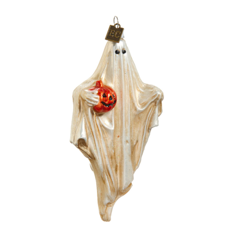 Friendly Ghost with Pumpkin Glass Ornament by Eric Cortina - Handmade Halloween Decor for Home, Party & Gift Giving