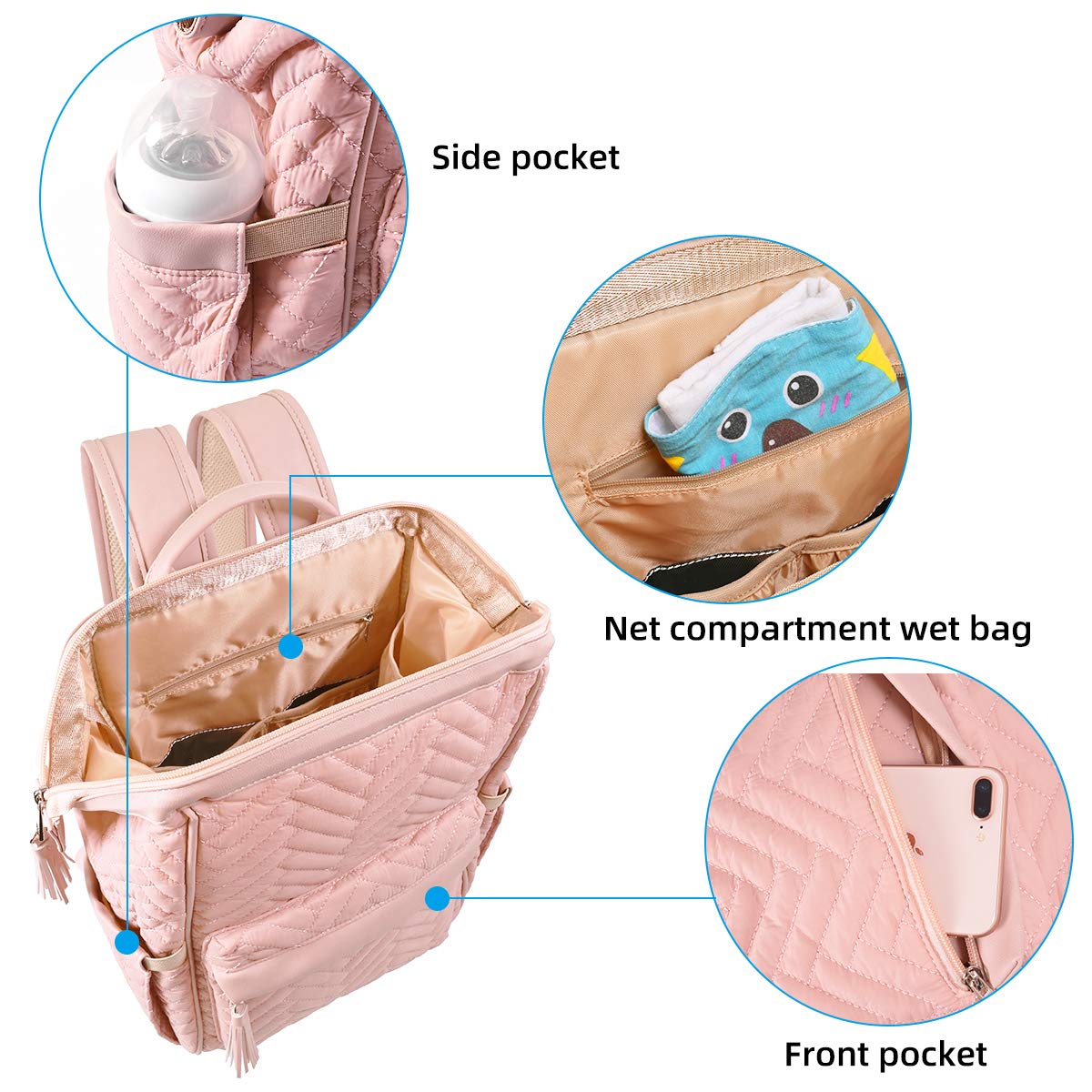 KZNI Large Diaper Backpack for Moms - Waterproof Baby Bag with Stroller Hanger, Insulated Bottle Pockets & Multiple Compartments - Perfect for Travel, Daycare & Outings (Pink)