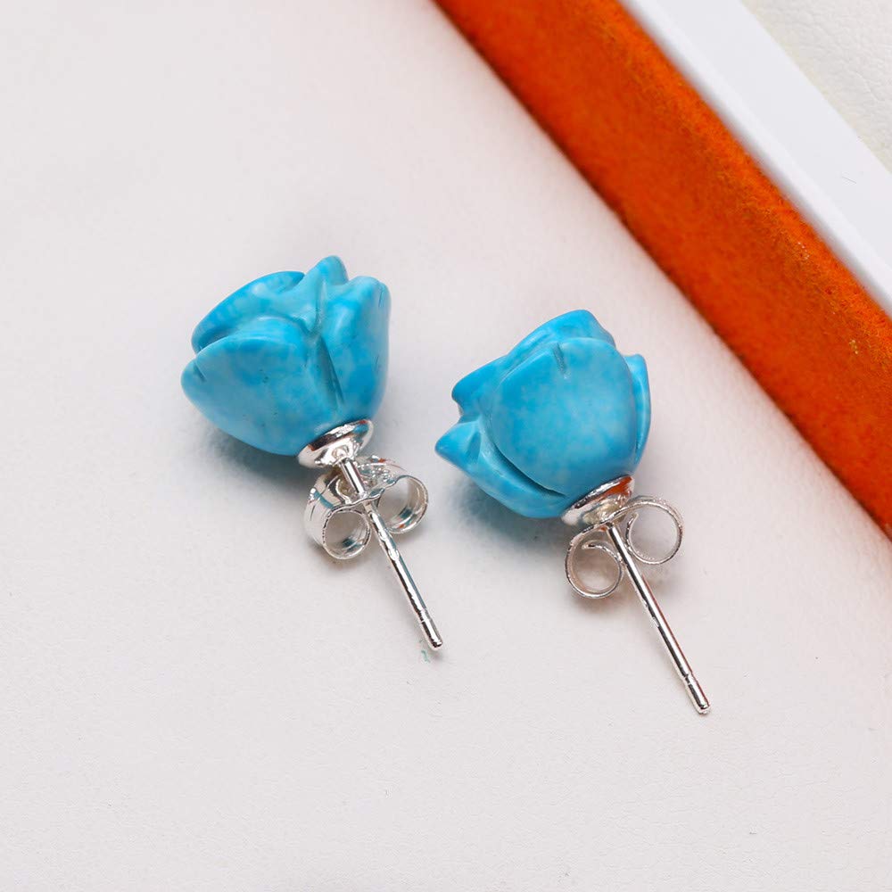 Handmade Carved Rose Flower Stud Earrings for Women | 11mm Blue Turquoise Jewelry | Elegant Fancy Earrings for Party, Wedding & Everyday Wear