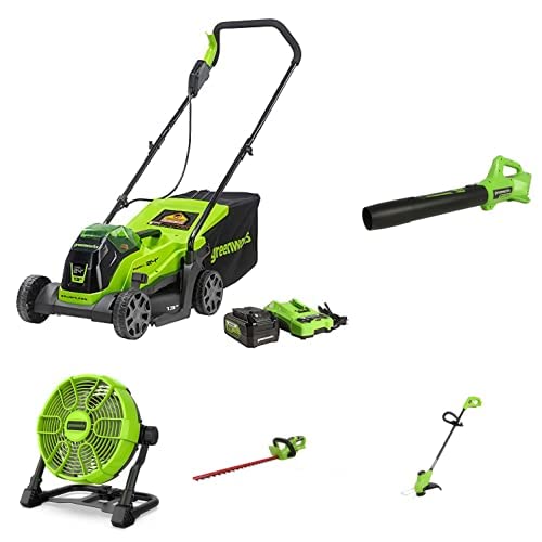 Greenworks 24V 13-Inch Cordless Brushless Lawn Mower Kit with Blower, String Trimmer, Hedge Trimmer, Work Light, Fan & 4.0Ah Battery - Perfect for Home Lawn Care, Yard Maintenance & Outdoor Power Tools (Includes USB Charger)