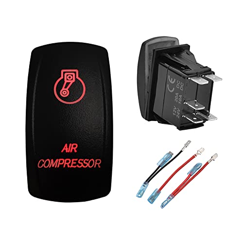 12V 24V Dual Red LED Air Compressor Rocker Switch with Wires - 5 Pin ON/OFF Laser Etched Automotive Switch for Car, Truck, Trailer, Jeep, Van - Perfect for Dash Replacement in UTV, RZR & Off-Road Vehicles