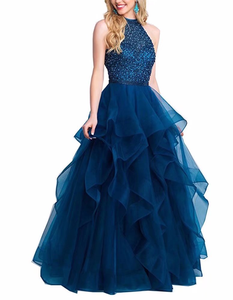 Lilyla Women's Romantic Halter Long Prom Dress with Beaded Tulle Ruffles - Elegant Formal Evening Gown for Homecoming, Wedding, and Special Occasions