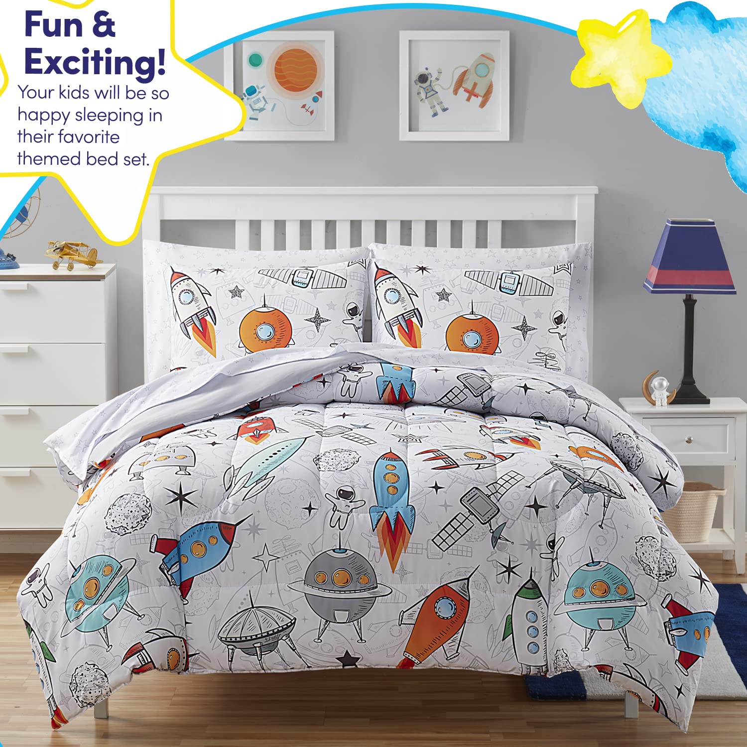 Kids Bedding Set for Boys & Girls - Full Size Bed in a Bag with Printed Space Theme Sheet & Comforter | Perfect for Toddlers' Room Decor & Space-Themed Bedrooms