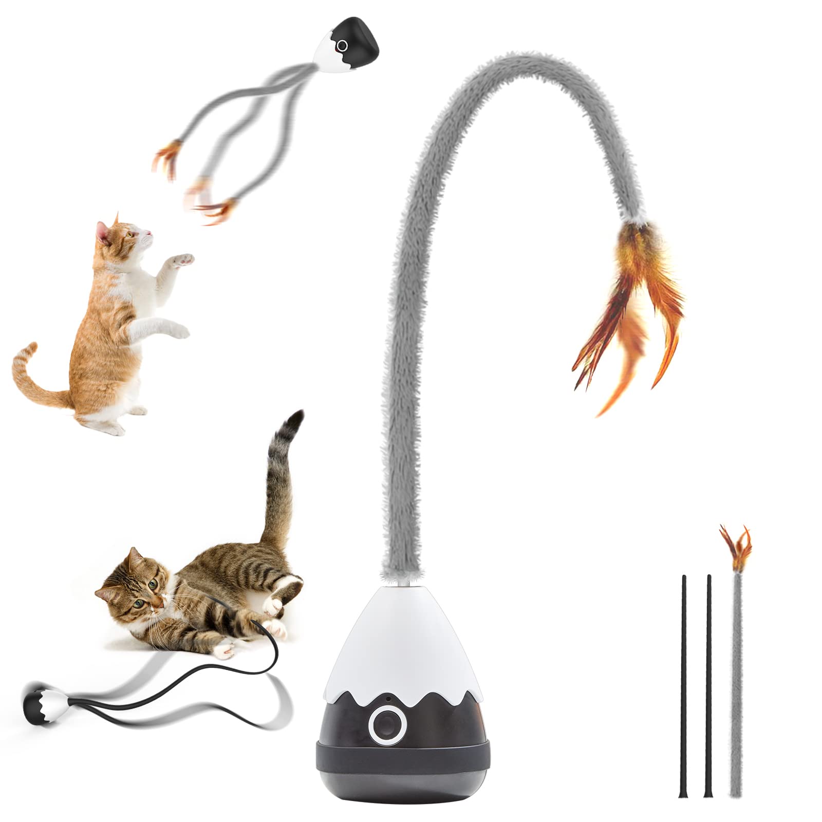 Rechargeable Plush Cat Wand Toy with Silicone Teaser Tail - Interactive Electronic Cat Toys for Indoor Cats & Kittens - Automatic Exercise Cat Toy for Playtime & Training - Perfect for Boredom Relief & Bonding (Black)