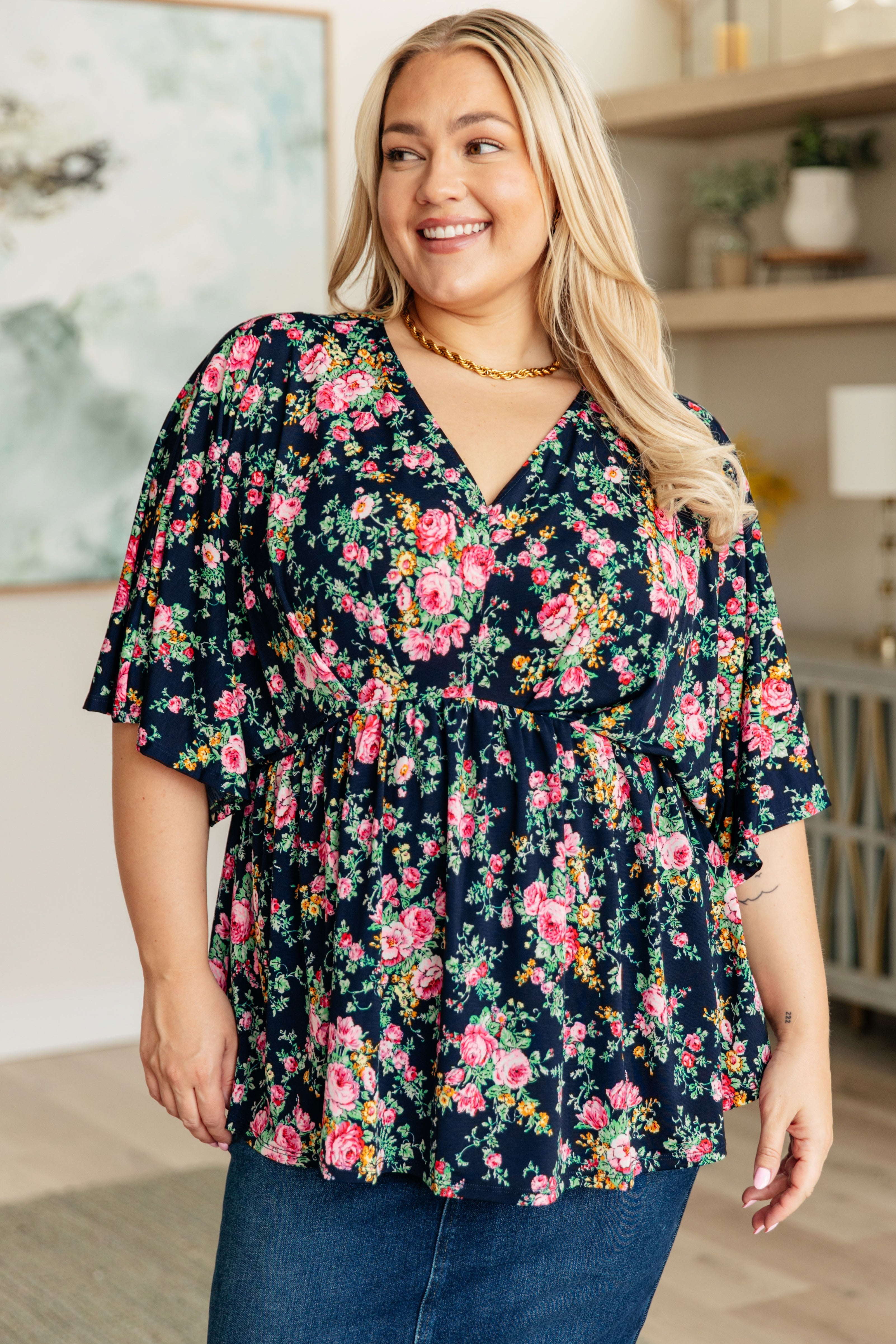 Vintage Floral Print Women's Tops - Navy & Pink Bouquet Design for Casual Wear, Date Night & Summer Outfits