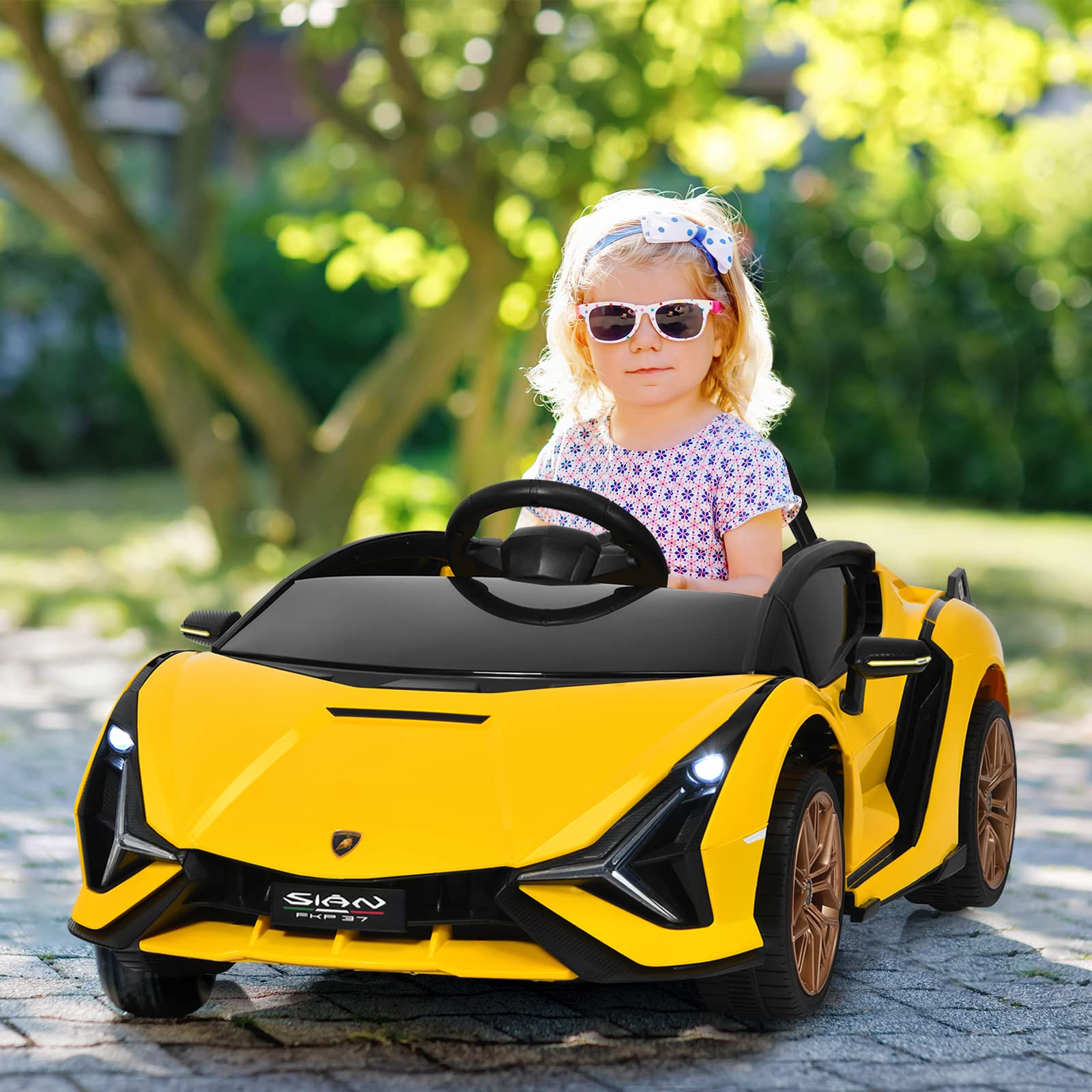 OLAKIDS Licensed Lamborghini SIAN 12V Electric Ride On Car for Kids - Remote Control, 2 Speed, LED Lights, Bluetooth & Music - Battery Powered Toy Vehicle for Toddlers (Yellow) - Perfect for Birthday Gifts, Outdoor Play & Indoor Fun