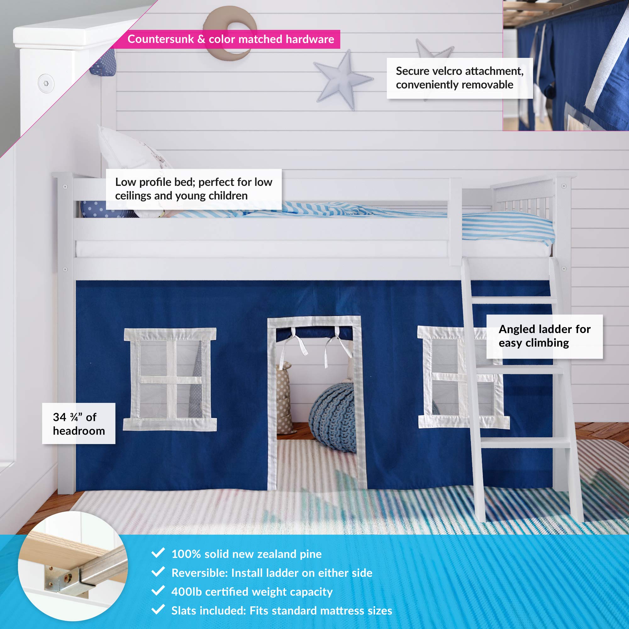 Max & Lily Low Loft Twin Bed Frame for Kids with Play Curtains - White & Blue - Space-Saving Kids Bedroom Furniture for Small Rooms & Play Areas