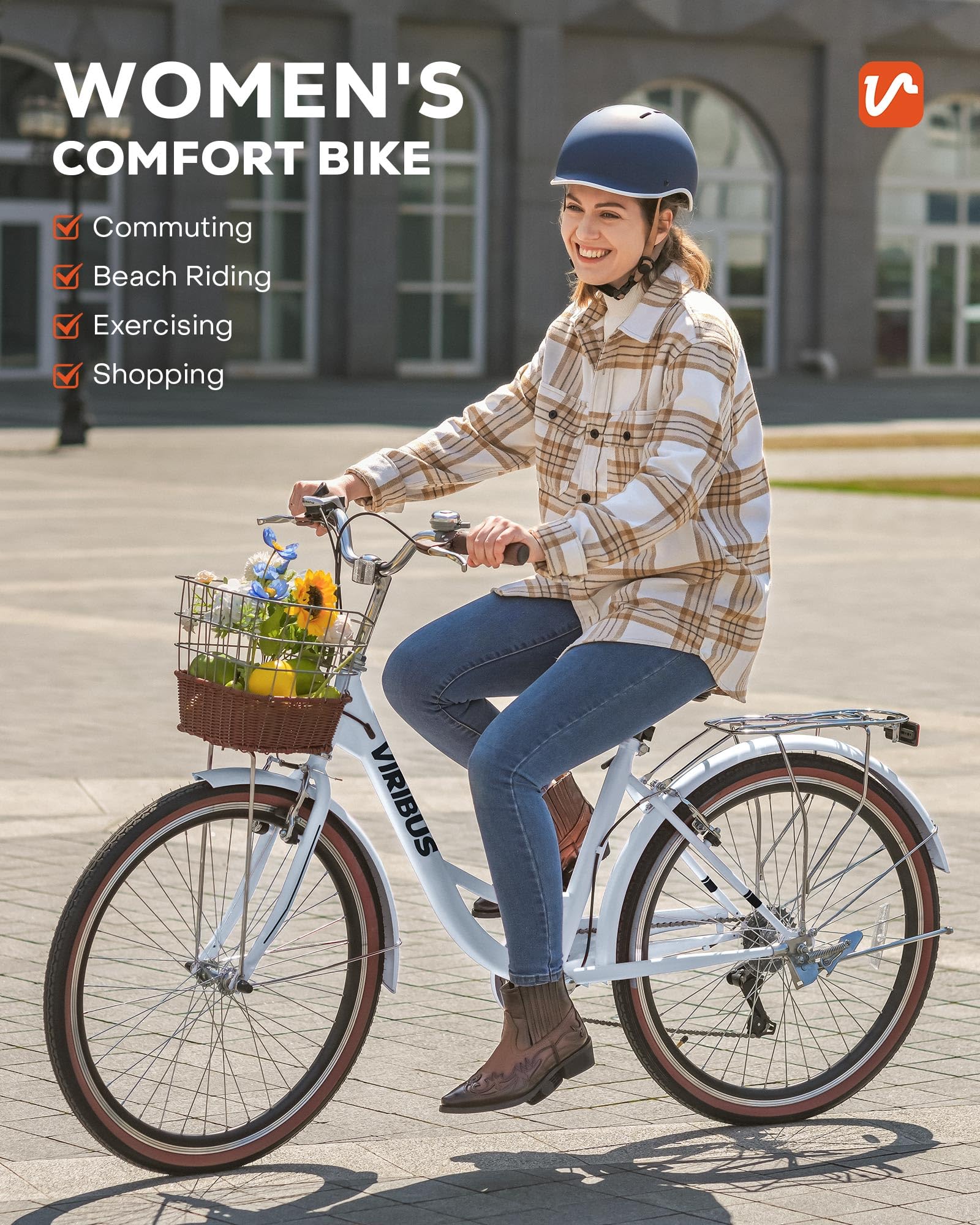 Viribus Women's 7-Speed Cruiser Bike - 24 & 26 Inch Step-Through City Bicycle with Rattan Basket & Rear Rack - Perfect for Commuting, Beach Rides & Urban Cycling