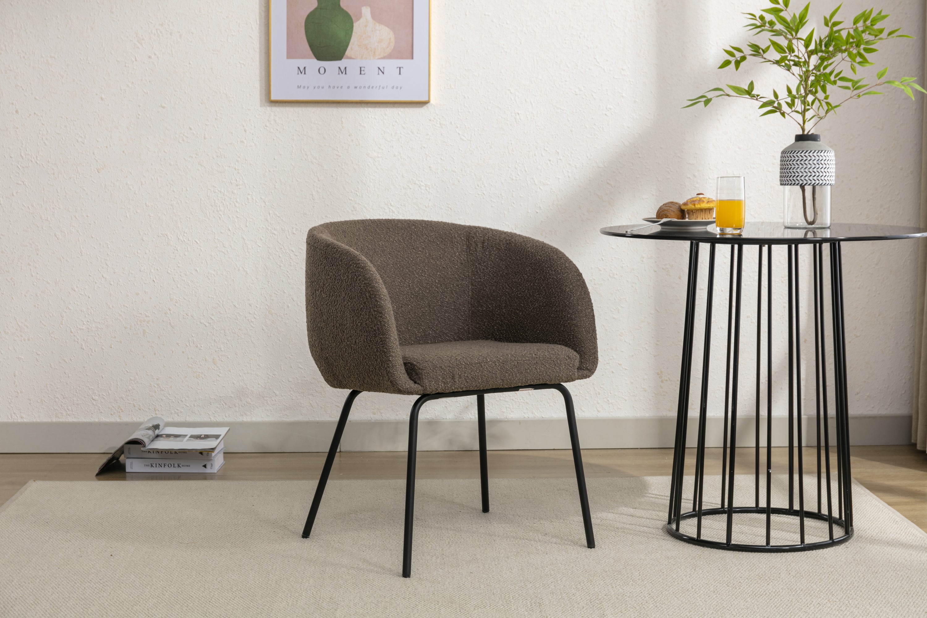 Boucle Fabric Dining Chair with Black Metal Legs - Set of 1 - Modern Upholstered Side Chair for Kitchen, Dining Room & Office