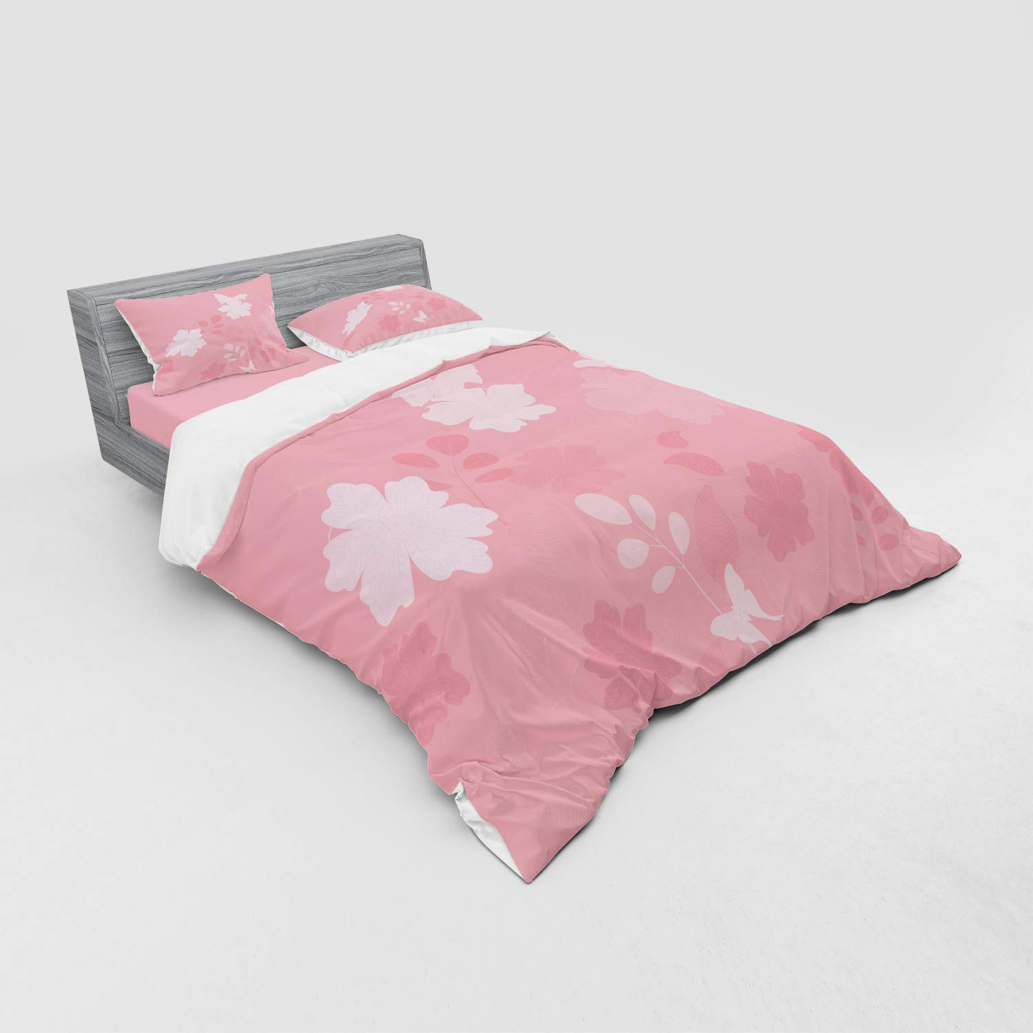 Ambesonne Rose Floral Bedding Set - 4 Piece Duvet Cover Set with Pillow Shams & Fitted Sheet, Queen Size, Pale Rose - Spring Nature Design with Butterflies & Floral Ornaments for Romantic Bedroom Decor