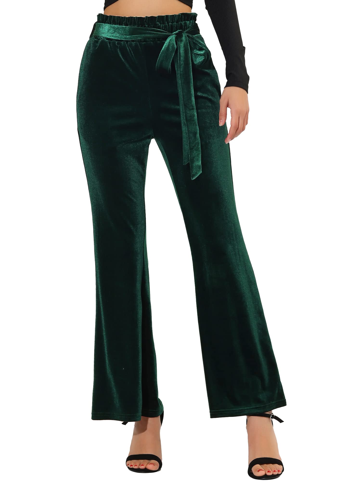 Allegra K Women's Velvet Pants - Stretchy Wide Leg Lounge Pants with Tie Waist & Pockets for Halloween, Christmas & Holiday Parties | Comfortable Casual Wear for Home, Office & Travel