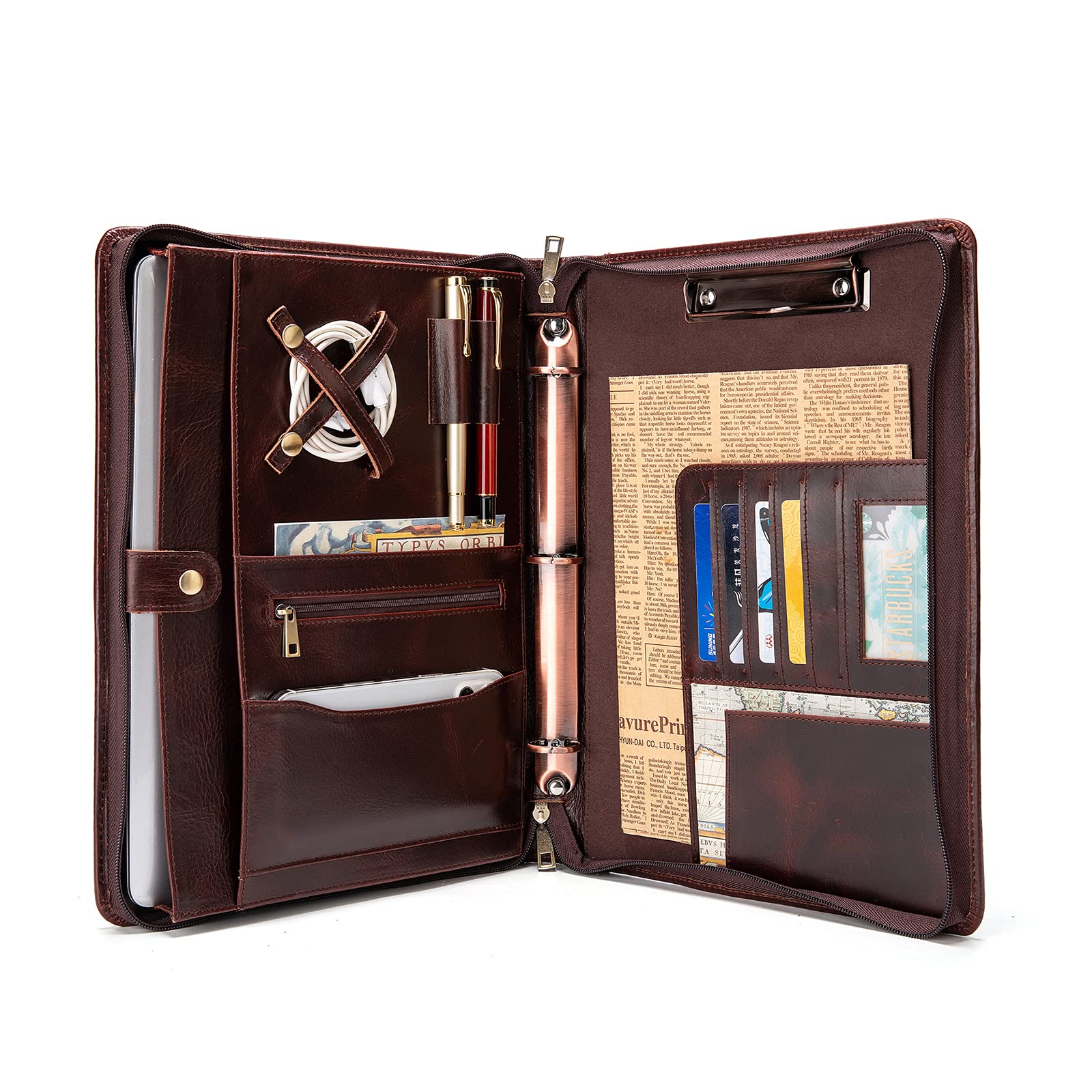 YIWEN Handmade Genuine Leather Portfolio - Zippered Business Padfolio with 3-Ring Binder, Professional Organizer for Resume, Documents & Tablet (Oil Wax Finish) | Perfect for Office Meetings, Job Interviews & Executive Gifts